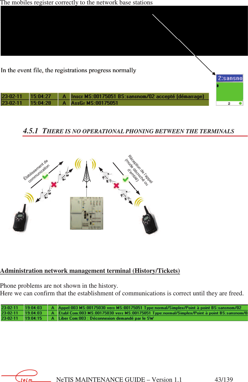        NeTIS MAINTENANCE GUIDE – Version 1.1                    43/139   The mobiles register correctly to the network base stations  4.5.1 THERE IS NO OPERATIONAL PHONING BETWEEN THE TERMINALS      Administration network management terminal (History/Tickets)  Phone problems are not shown in the history. Here we can confirm that the establishment of communications is correct until they are freed.  