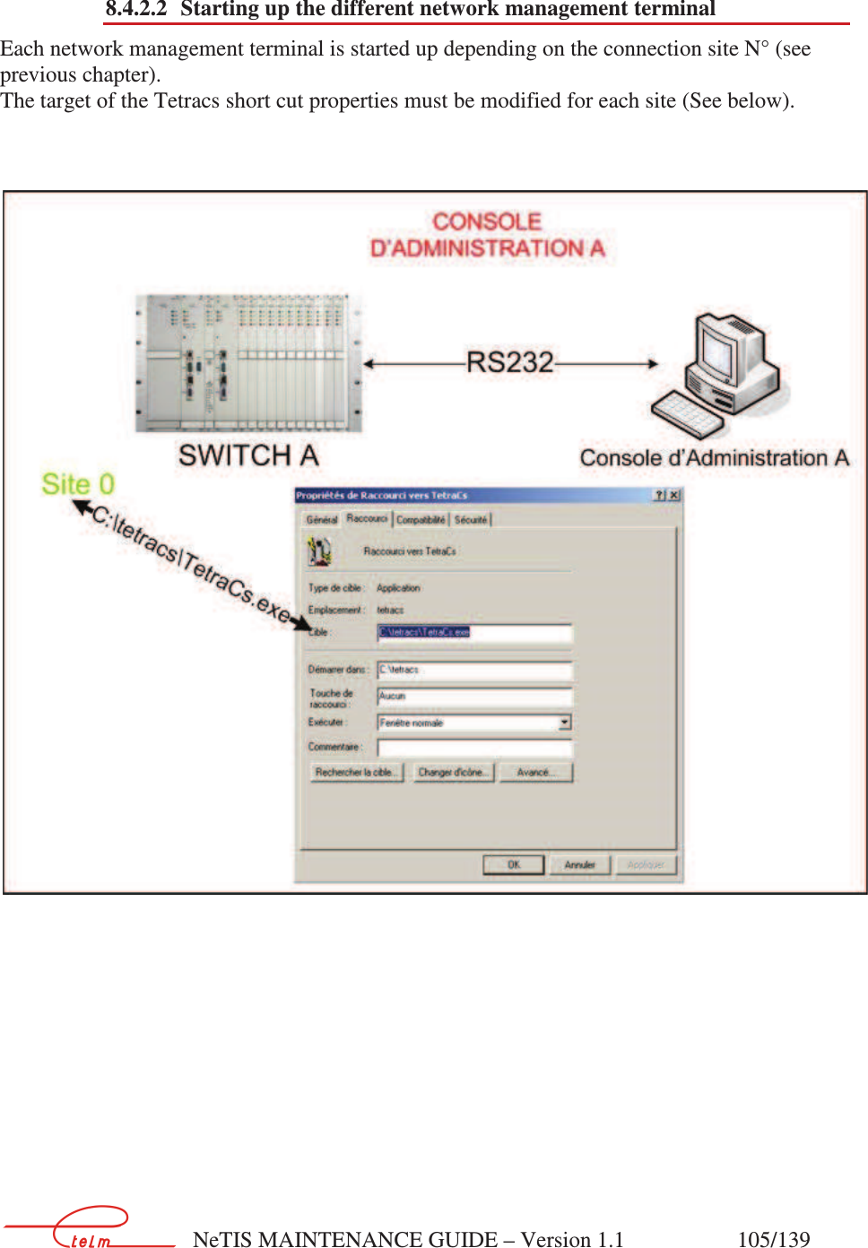        NeTIS MAINTENANCE GUIDE – Version 1.1                    105/139    8.4.2.2 Starting up the different network management terminal Each network management terminal is started up depending on the connection site N° (see previous chapter). The target of the Tetracs short cut properties must be modified for each site (See below).            