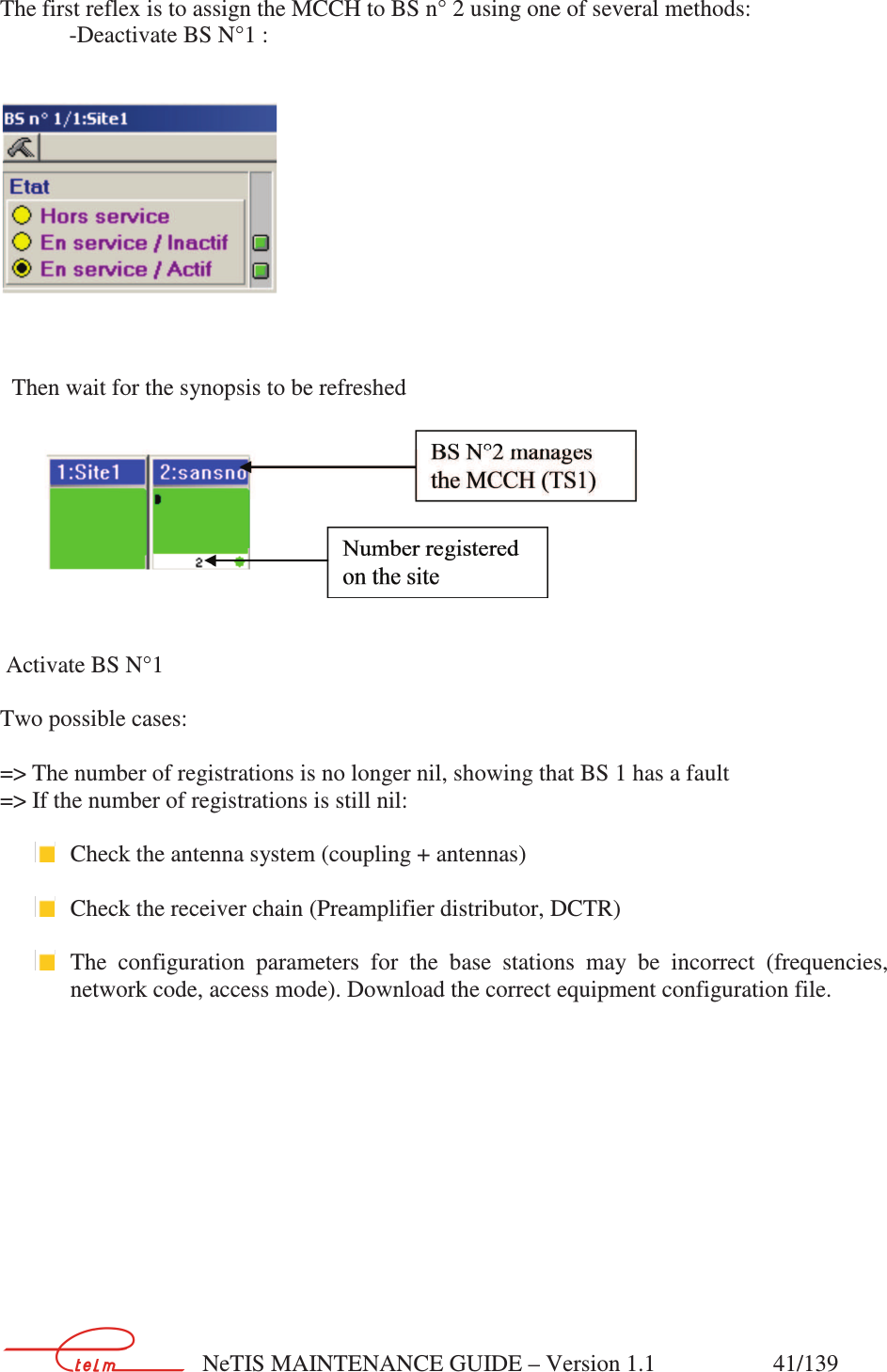        NeTIS MAINTENANCE GUIDE – Version 1.1                    41/139   The first reflex is to assign the MCCH to BS n° 2 using one of several methods:   -Deactivate BS N°1 :           Then wait for the synopsis to be refreshed      Activate BS N°1  Two possible cases:  =&gt; The number of registrations is no longer nil, showing that BS 1 has a fault =&gt; If the number of registrations is still nil:   Check the antenna system (coupling + antennas)   Check the receiver chain (Preamplifier distributor, DCTR)   The  configuration  parameters  for  the  base  stations  may  be  incorrect  (frequencies, network code, access mode). Download the correct equipment configuration file.  