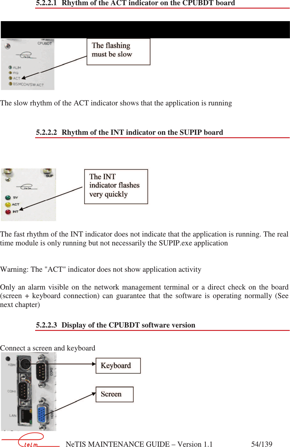        NeTIS MAINTENANCE GUIDE – Version 1.1                    54/139   5.2.2.1 Rhythm of the ACT indicator on the CPUBDT board     The slow rhythm of the ACT indicator shows that the application is running  5.2.2.2 Rhythm of the INT indicator on the SUPIP board     The fast rhythm of the INT indicator does not indicate that the application is running. The real time module is only running but not necessarily the SUPIP.exe application   Warning: The &quot;ACT&quot; indicator does not show application activity    Only  an  alarm  visible  on  the  network  management  terminal  or  a direct  check  on  the  board (screen  +  keyboard  connection)  can  guarantee  that  the  software  is  operating  normally  (See next chapter) 5.2.2.3 Display of the CPUBDT software version  Connect a screen and keyboard  