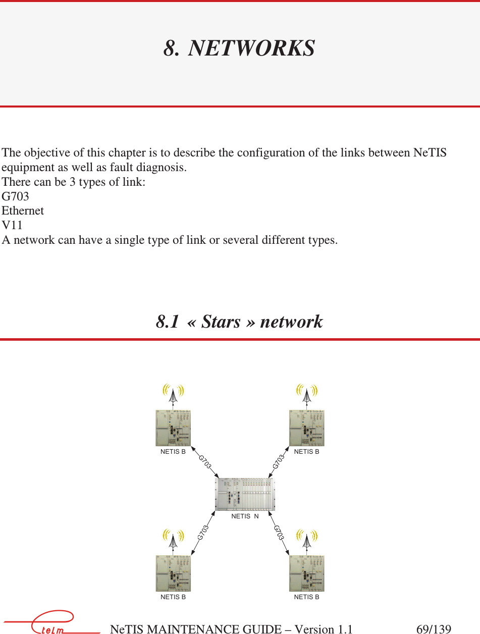        NeTIS MAINTENANCE GUIDE – Version 1.1                    69/139   8. NETWORKS The objective of this chapter is to describe the configuration of the links between NeTIS equipment as well as fault diagnosis. There can be 3 types of link: G703 Ethernet V11  A network can have a single type of link or several different types. 8.1 « Stars » network   