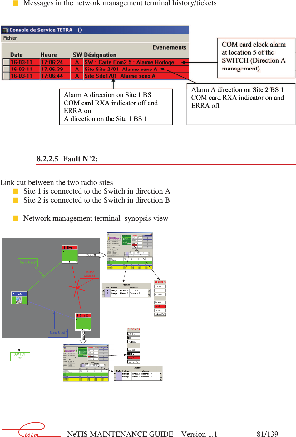        NeTIS MAINTENANCE GUIDE – Version 1.1                    81/139      Messages in the network management terminal history/tickets      8.2.2.5 Fault N°2:  Link cut between the two radio sites    Site 1 is connected to the Switch in direction A  Site 2 is connected to the Switch in direction B   Network management terminal  synopsis view     