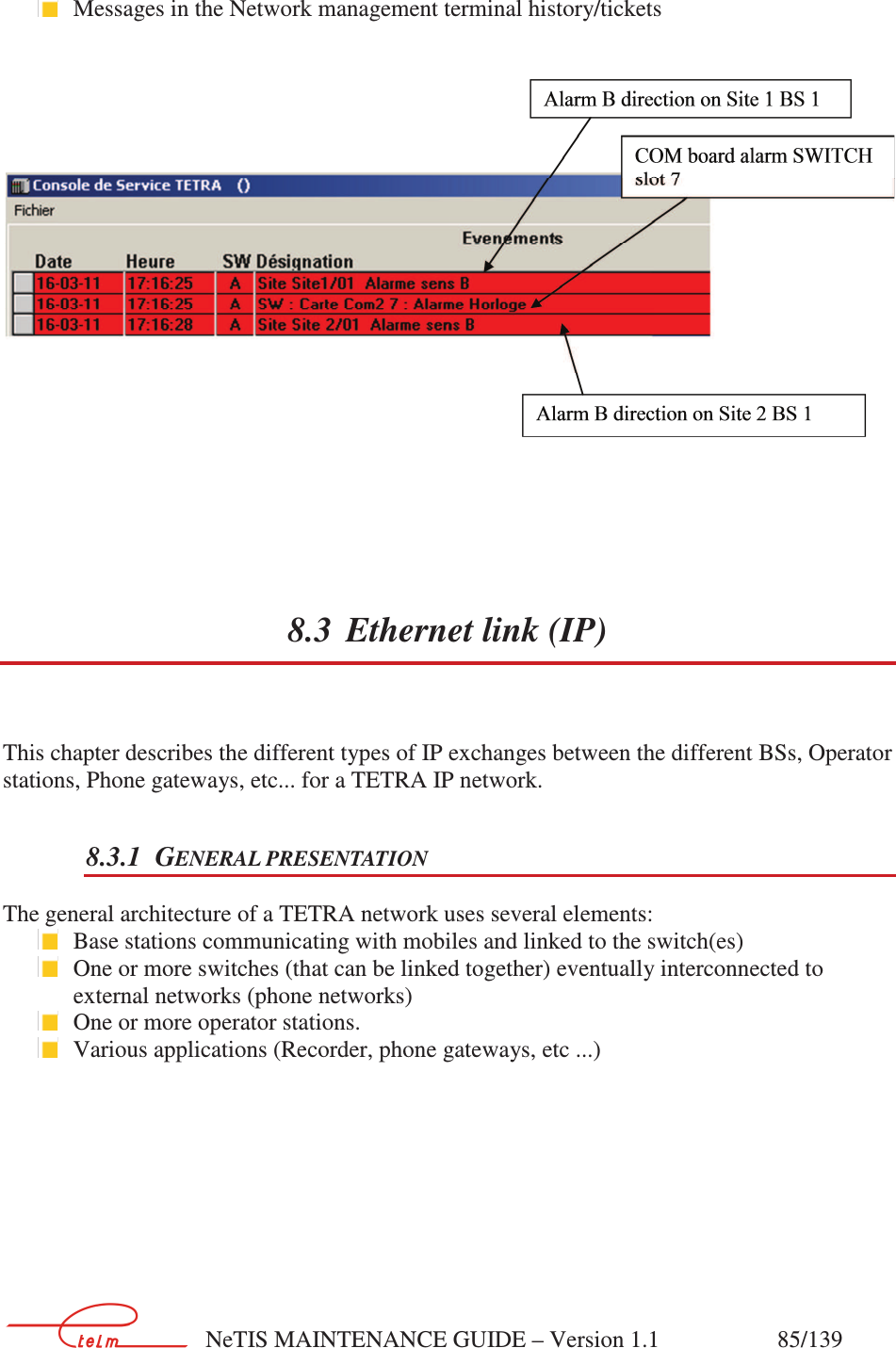        NeTIS MAINTENANCE GUIDE – Version 1.1                    85/139     Messages in the Network management terminal history/tickets      8.3 Ethernet link (IP)  This chapter describes the different types of IP exchanges between the different BSs, Operator stations, Phone gateways, etc... for a TETRA IP network. 8.3.1 GENERAL PRESENTATION The general architecture of a TETRA network uses several elements:  Base stations communicating with mobiles and linked to the switch(es)  One or more switches (that can be linked together) eventually interconnected to external networks (phone networks)  One or more operator stations.  Various applications (Recorder, phone gateways, etc ...)       