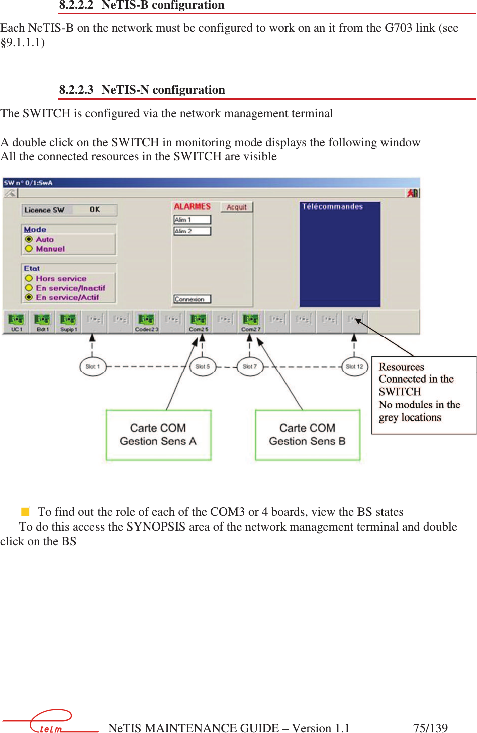        NeTIS MAINTENANCE GUIDE – Version 1.1                    75/139   8.2.2.2 NeTIS-B configuration Each NeTIS-B on the network must be configured to work on an it from the G703 link (see §9.1.1.1)  8.2.2.3 NeTIS-N configuration The SWITCH is configured via the network management terminal    A double click on the SWITCH in monitoring mode displays the following window All the connected resources in the SWITCH are visible     To find out the role of each of the COM3 or 4 boards, view the BS states To do this access the SYNOPSIS area of the network management terminal and double click on the BS 