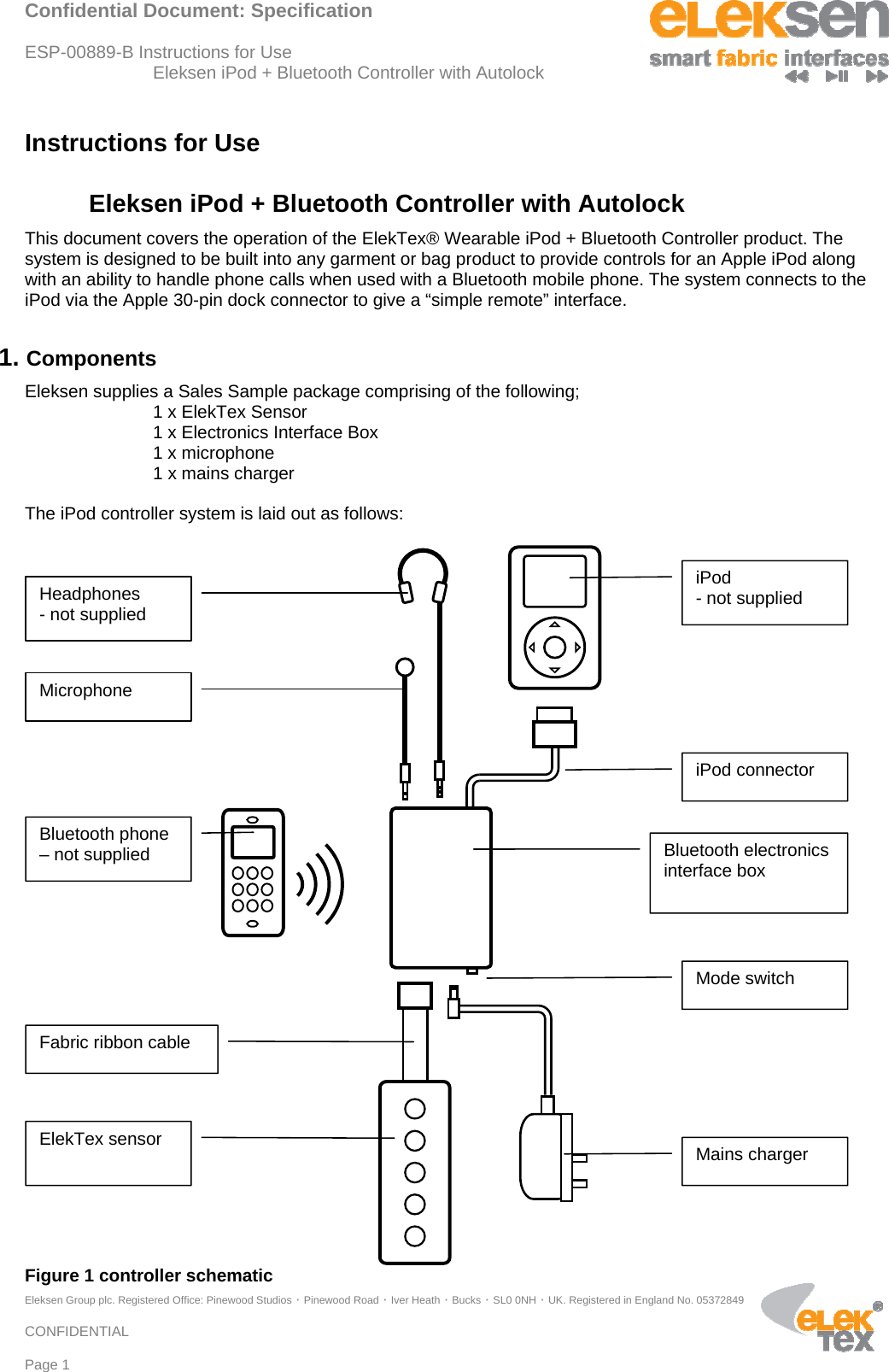 Confidential Document: Specification  ESP-00889-B Instructions for Use  Eleksen iPod + Bluetooth Controller with Autolock Eleksen Group plc. Registered Office: Pinewood Studios · Pinewood Road · Iver Heath · Bucks · SL0 0NH · UK. Registered in England No. 05372849  CONFIDENTIAL  Page 1 Instructions for Use Eleksen iPod + Bluetooth Controller with Autolock This document covers the operation of the ElekTex® Wearable iPod + Bluetooth Controller product. The system is designed to be built into any garment or bag product to provide controls for an Apple iPod along with an ability to handle phone calls when used with a Bluetooth mobile phone. The system connects to the iPod via the Apple 30-pin dock connector to give a “simple remote” interface. 1. Components Eleksen supplies a Sales Sample package comprising of the following; 1 x ElekTex Sensor     1 x Electronics Interface Box 1 x microphone 1 x mains charger  The iPod controller system is laid out as follows:   Figure 1 controller schematic ElekTex sensor  Bluetooth electronics interface box  iPod connector iPod  - not supplied Headphones  - not supplied Fabric ribbon cable Bluetooth phone – not supplied Microphone Mode switch Mains charger 