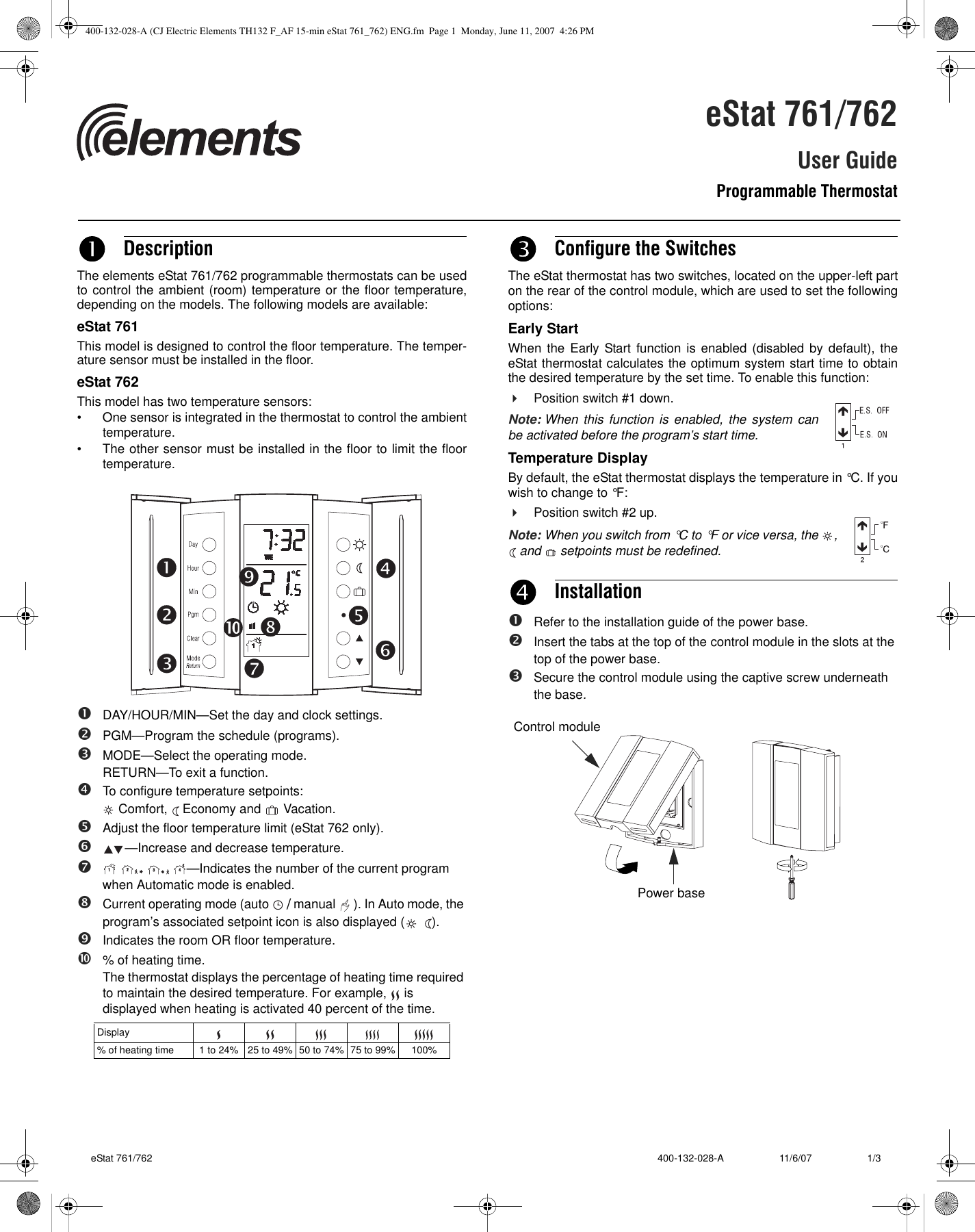 Page 1 of 3 - Elemental-Designs Elemental-Designs-Estat-761-Users-Manual- 400-132-028-A (CJ Electric Elements TH132 F_AF 15-min EStat 761_762) ENG  Elemental-designs-estat-761-users-manual