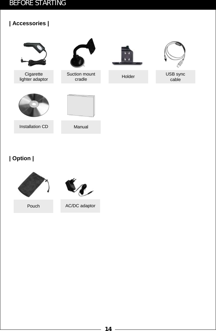14BEFORE STARTING| Accessories || Option |Suction mount cradleCigarette lighter adaptor USB sync cableHolderManualPouchInstallation CDAC/DC adaptor