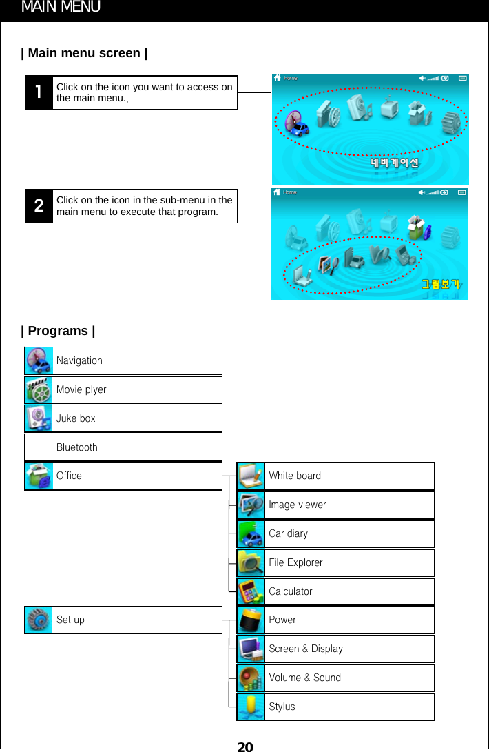 20MAIN MENU| Main menu screen |1Click on the icon you want to access on the main menu..2Click on the icon in the sub-menu in the main menu to execute that program.| Programs |NavigationMovie plyerJuke boxBluetoothOfficeSet upWhite boardImage viewerCar diaryFile ExplorerCalculatorPowerScreen &amp; DisplayVolume &amp; SoundStylus