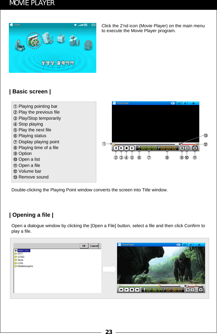 23Open a dialogue window by clicking the [Open a File] button, select a file and then click Confirm to play a file.①②③④⑤ ⑥ ⑦ ⑧ ⑨⑩ ⑪⑫⑬Double-clicking the Playing Point window converts the screen into Title window.MOVIE PLAYERClick the 2&rsquo;nd icon (Movie Player) on the main menu to execute the Movie Player program.| Basic screen || Opening a file |①Playing pointing bar②Play the previous file  ③Play/Stop temporarily④Stop playing ⑤Play the next file⑥Playing status  ⑦Display playing point⑧Playing time of a file ⑨Option⑩Open a list ⑪Open a file⑫Volume bar⑬Remove sound