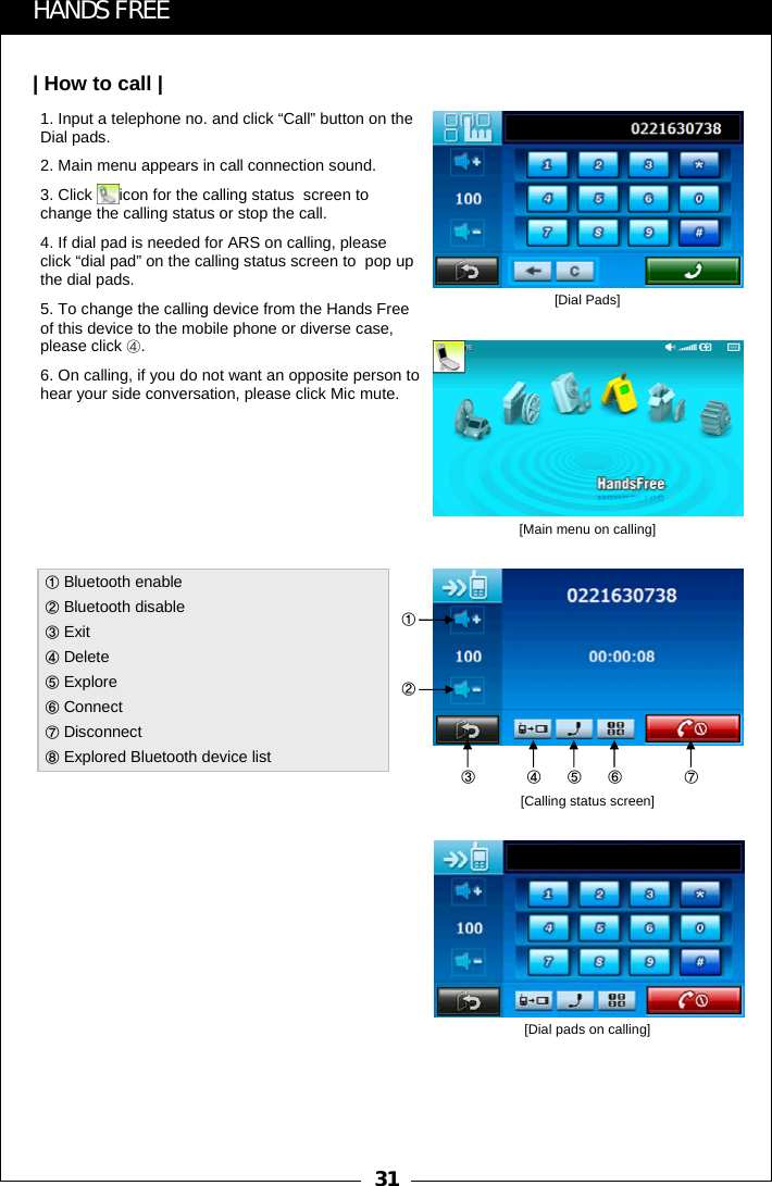 31HANDS FREE| How to call |①Bluetooth enable②Bluetooth disable③Exit④Delete⑤Explore⑥Connect⑦Disconnect⑧Explored Bluetooth device list1. Input a telephone no. and click &ldquo;Call&rdquo; button on the Dial pads.2. Main menu appears in call connection sound.3. Click      icon for the calling status  screen to change the calling status or stop the call.4. If dial pad is needed for ARS on calling, please  click &ldquo;dial pad&rdquo; on the calling status screen to  pop up the dial pads. 5. To change the calling device from the Hands Free of this device to the mobile phone or diverse case, please click ④.6. On calling, if you do not want an opposite person to hear your side conversation, please click Mic mute.[Dial Pads][Main menu on calling]③ ④ ⑤ ⑦①②⑥[Calling status screen][Dial pads on calling]