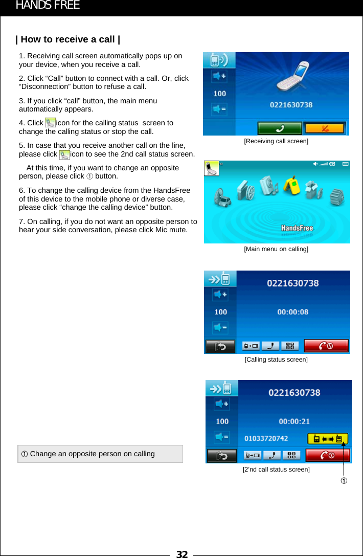32HANDS FREE| How to receive a call |①Change an opposite person on calling1. Receiving call screen automatically pops up on your device, when you receive a call.2. Click &ldquo;Call&rdquo; button to connect with a call. Or, click &ldquo;Disconnection&rdquo; button to refuse a call.3. If you click &ldquo;call&rdquo; button, the main menu automatically appears. 4. Click      icon for the calling status  screen to change the calling status or stop the call.5. In case that you receive another call on the line, please click      icon to see the 2nd call status screen.At this time, if you want to change an opposite person, please click ①button. 6. To change the calling device from the HandsFreeof this device to the mobile phone or diverse case, please click &ldquo;change the calling device&rdquo; button. 7. On calling, if you do not want an opposite person to hear your side conversation, please click Mic mute.[Receiving call screen][Main menu on calling]①[2&rsquo;nd call status screen][Calling status screen]