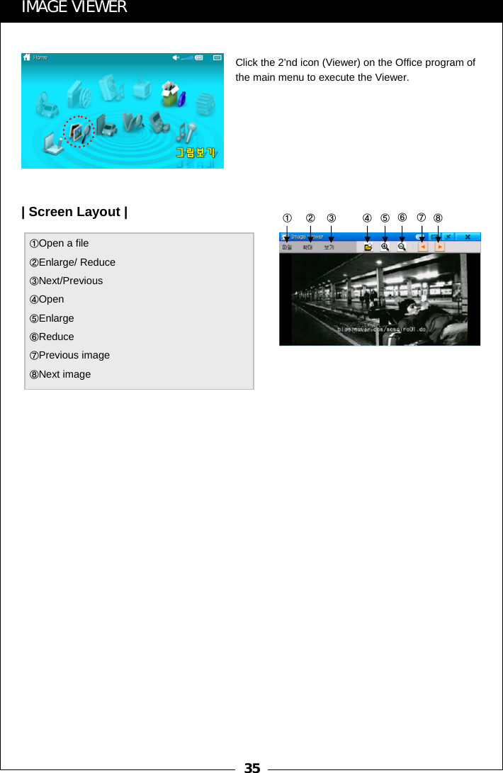 35①Open a file②Enlarge/ Reduce③Next/Previous④Open⑤Enlarge⑥Reduce⑦Previous image⑧Next image①②③ ④⑤⑥⑦⑧IMAGE VIEWERClick the 2&rsquo;nd icon (Viewer) on the Office program of the main menu to execute the Viewer.| Screen Layout |