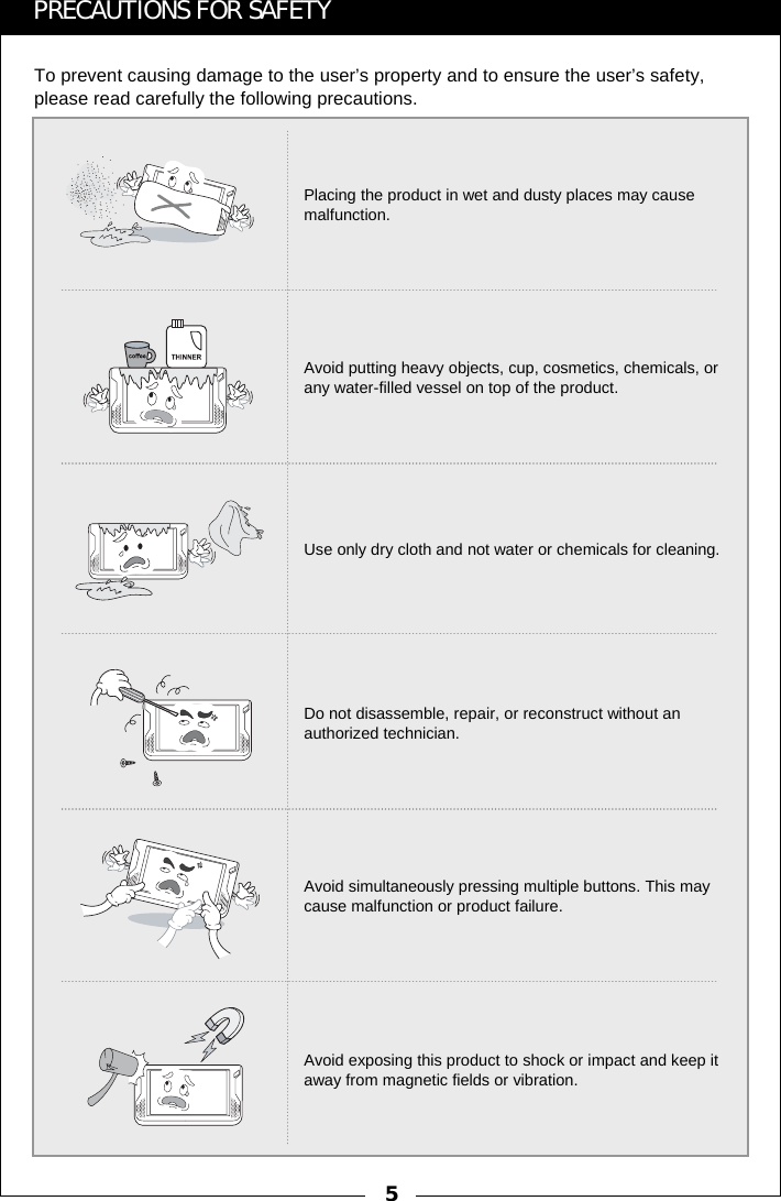5To prevent causing damage to the user&rsquo;s property and to ensure the user&rsquo;s safety, please read carefully the following precautions.Use only dry cloth and not water or chemicals for cleaning.Avoid putting heavy objects, cup, cosmetics, chemicals, or any water-filled vessel on top of the product.Avoid exposing this product to shock or impact and keep it away from magnetic fields or vibration.Avoid simultaneously pressing multiple buttons. This may cause malfunction or product failure.Do not disassemble, repair, or reconstruct without an authorized technician.Placing the product in wet and dusty places may cause malfunction.PRECAUTIONS FOR SAFETY