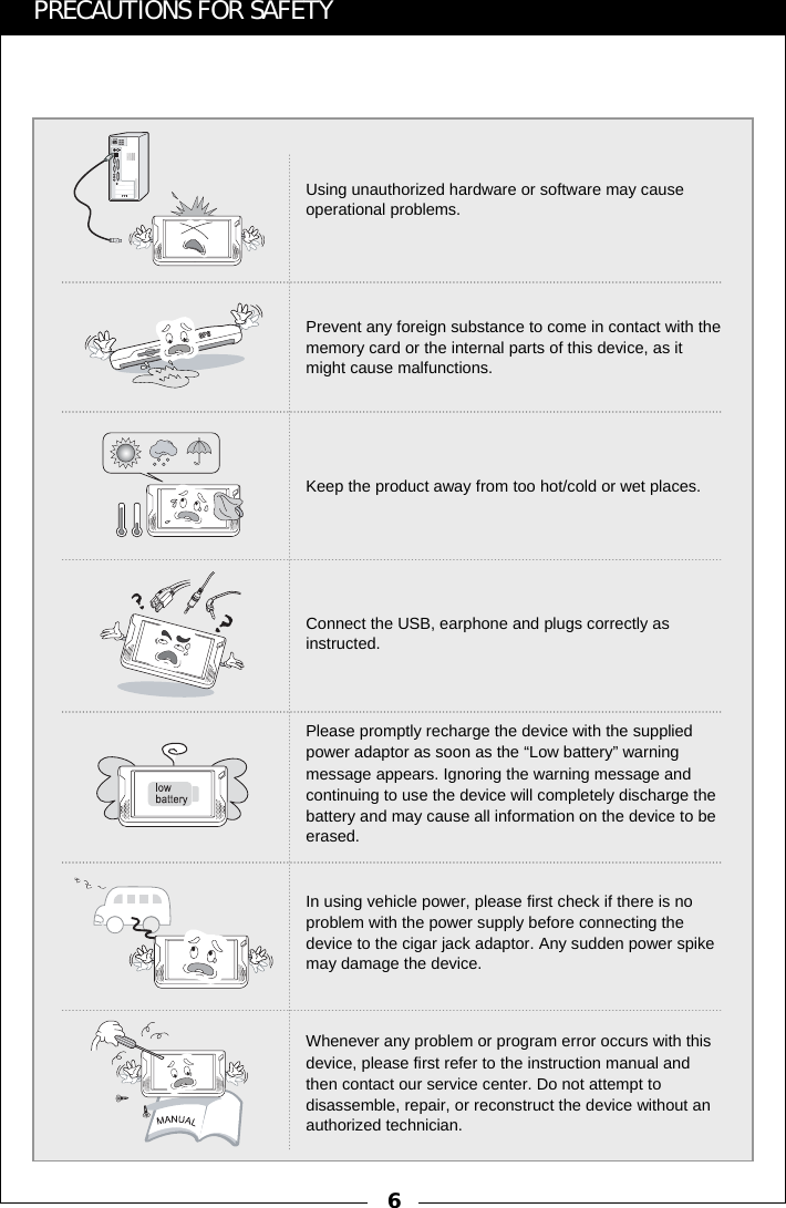 6PRECAUTIONS FOR SAFETYUsing unauthorized hardware or software may cause operational problems.Prevent any foreign substance to come in contact with the memory card or the internal parts of this device, as it might cause malfunctions.Keep the product away from too hot/cold or wet places.Connect the USB, earphone and plugs correctly as instructed.Whenever any problem or program error occurs with this device, please first refer to the instruction manual and then contact our service center. Do not attempt to disassemble, repair, or reconstruct the device without an authorized technician.Please promptly recharge the device with the supplied power adaptor as soon as the &ldquo;Low battery&rdquo; warning message appears. Ignoring the warning message and continuing to use the device will completely discharge the battery and may cause all information on the device to be erased.In using vehicle power, please first check if there is no problem with the power supply before connecting the device to the cigar jack adaptor. Any sudden power spike may damage the device.