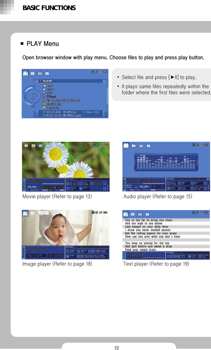 10■ PLAY MenuOpen browser window with play menu. Choose files to play and press play button.&bull;Select file and press [▶II] to play. &bull;It plays same files repeatedly within the folder where the first files were selected.Audio player (Refer to page 15)BASIC FUNCTIONSMovie player (Refer to page 13)Image player (Refer to page 18) Text player (Refer to page 19)