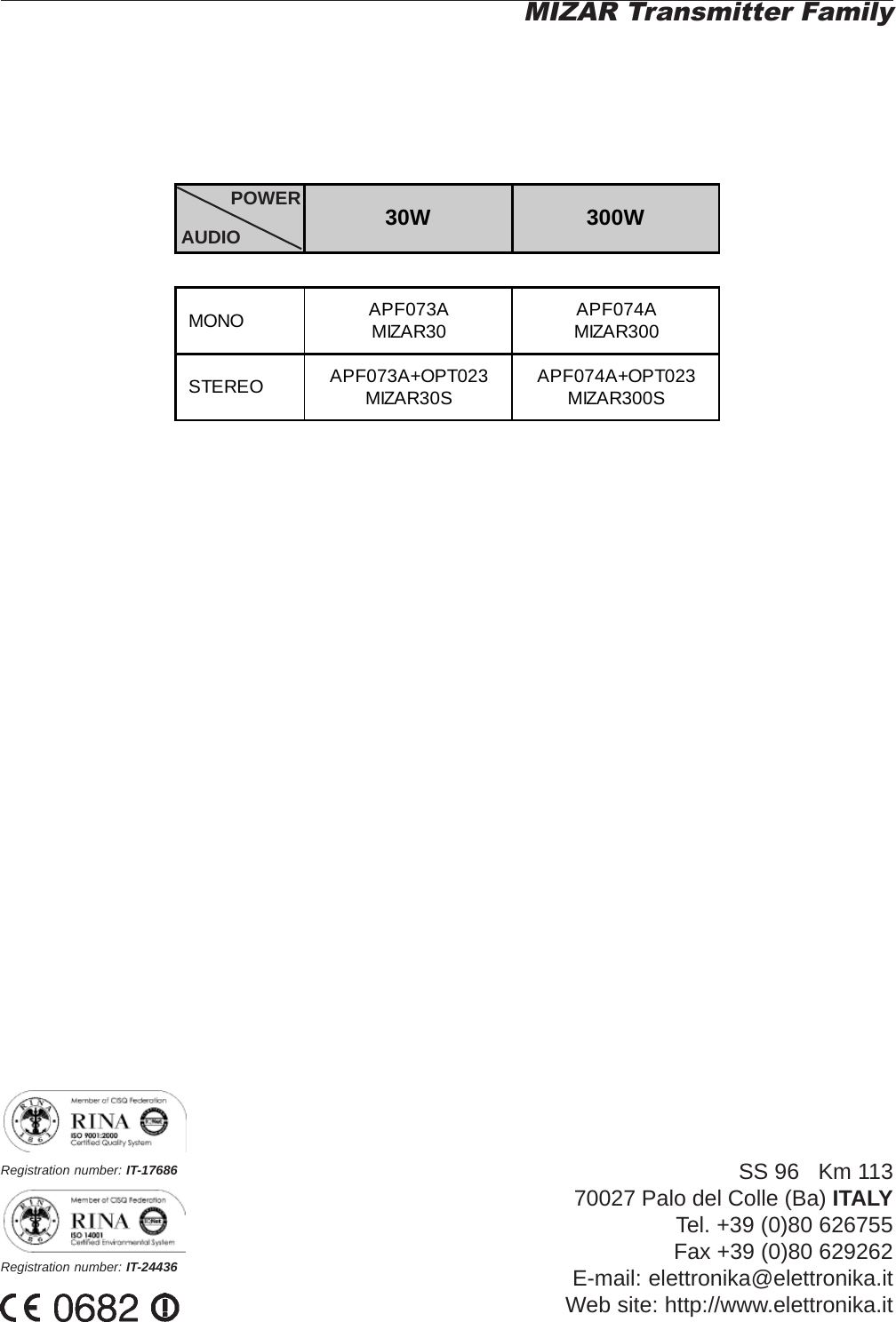 30W 300WMONO APF073AMIZAR30 APF074AMIZAR300STEREO APF073A+OPT023MIZAR30S APF074A+OPT023MIZAR300SMIZAR Transmitter FamilySS 96   Km 11370027 Palo del Colle (Ba) ITALYTel. +39 (0)80 626755Fax +39 (0)80 629262E-mail: elettronika@elettronika.itWeb site: http://www.elettronika.itRegistration number: IT-17686Registration number: IT-24436POWERAUDIO