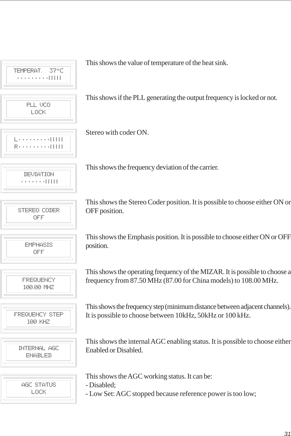 31Temperat.   37°C·········| | | | |This shows the value of temperature of the heat sink.This shows if the PLL generating the output frequency is locked or not.Stereo with coder ON.This shows the frequency deviation of the carrier.This shows the Stereo Coder position. It is possible to choose either ON orOFF position.This shows the Emphasis position. It is possible to choose either ON or OFFposition.This shows the operating frequency of the MIZAR. It is possible to choose afrequency from 87.50 MHz (87.00 for China models) to 108.00 MHz.This shows the frequency step (minimum distance between adjacent channels).It is possible to choose between 10kHz, 50kHz or 100 kHz.This shows the internal AGC enabling status. It is possible to choose eitherEnabled or Disabled.This shows the AGC working status. It can be:- Disabled;- Low Set: AGC stopped because reference power is too low;PLL VCOLockL·········| | | | |R·········| | | | |Stereo CoderOFFEmphasisOFFFrequency100.00 MHzDeviation·······| | | | |Frequency Step100 kHzINTERNAL AGCENABLEDAGC STATUSLock