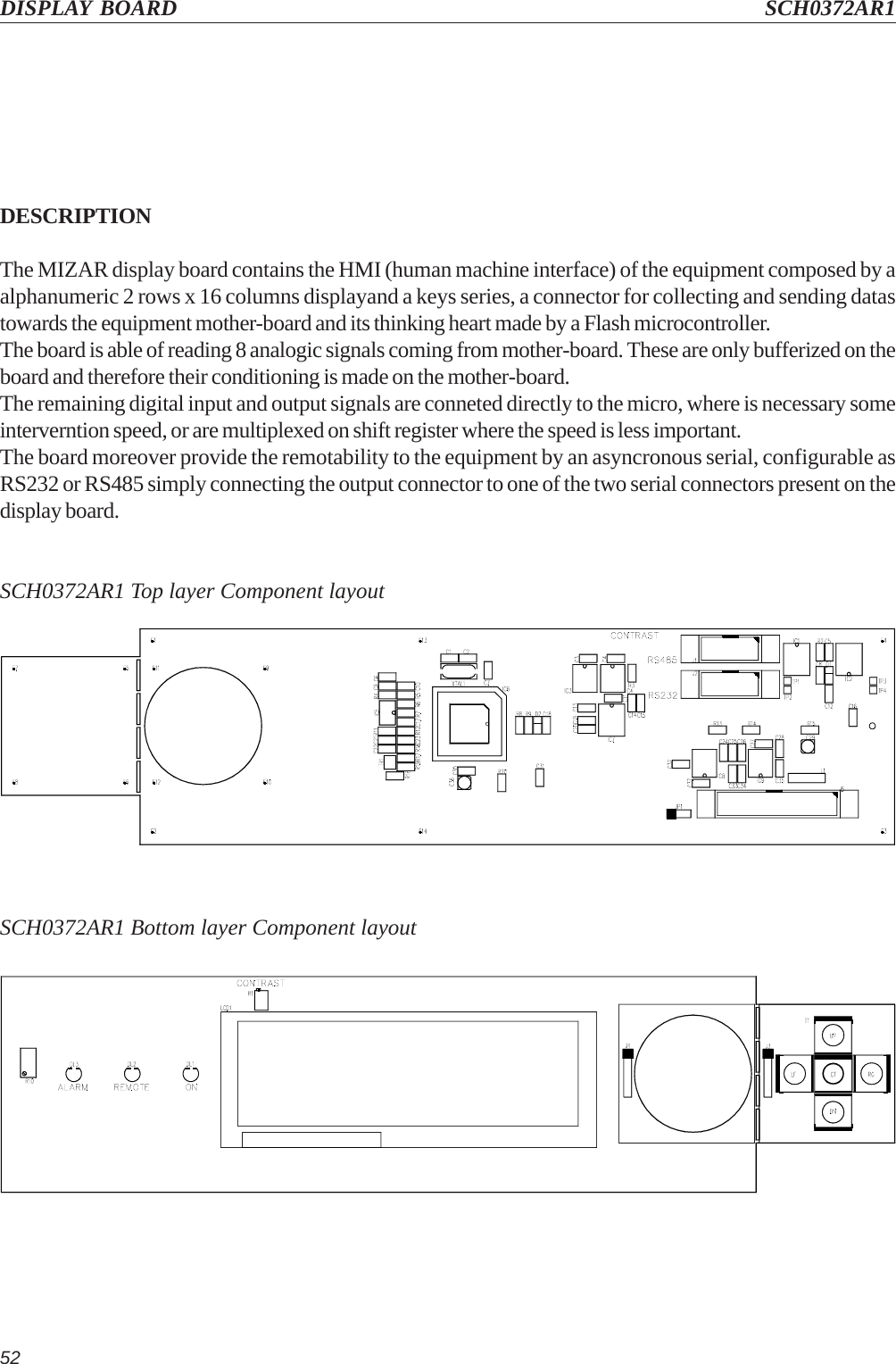 52DISPLAY BOARD SCH0372AR1DESCRIPTIONThe MIZAR display board contains the HMI (human machine interface) of the equipment composed by aalphanumeric 2 rows x 16 columns displayand a keys series, a connector for collecting and sending datastowards the equipment mother-board and its thinking heart made by a Flash microcontroller.The board is able of reading 8 analogic signals coming from mother-board. These are only bufferized on theboard and therefore their conditioning is made on the mother-board.The remaining digital input and output signals are conneted directly to the micro, where is necessary someinterverntion speed, or are multiplexed on shift register where the speed is less important.The board moreover provide the remotability to the equipment by an asyncronous serial, configurable asRS232 or RS485 simply connecting the output connector to one of the two serial connectors present on thedisplay board.SCH0372AR1 Top layer Component layoutSCH0372AR1 Bottom layer Component layout