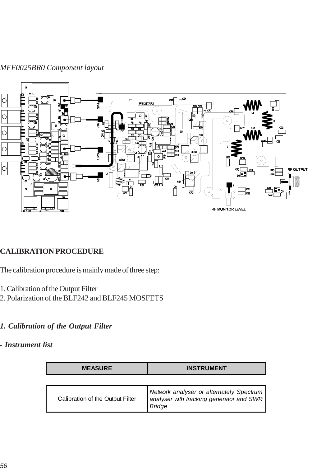 56CALIBRATION PROCEDUREThe calibration procedure is mainly made of three step:1. Calibration of the Output Filter2. Polarization of the BLF242 and BLF245 MOSFETS1. Calibration of the Output Filter- Instrument listMEASURE INSTRUMENTCalibration of the Output Filter Network analyser or alternately Spectrumanalyser with tracking generator and SWRBridgeMFF0025BR0 Component layout