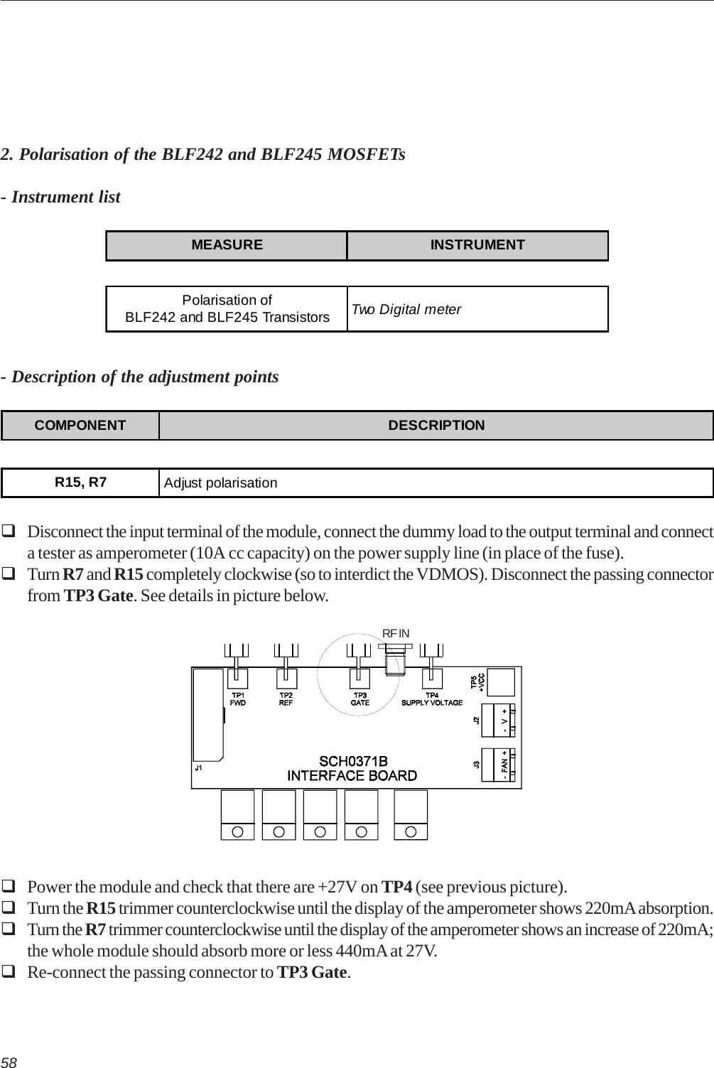 58- Description of the adjustment pointsDisconnect the input terminal of the module, connect the dummy load to the output terminal and connecta tester as amperometer (10A cc capacity) on the power supply line (in place of the fuse).Turn R7 and R15 completely clockwise (so to interdict the VDMOS). Disconnect the passing connectorfrom TP3 Gate. See details in picture below.2. Polarisation of the BLF242 and BLF245 MOSFETs- Instrument listCOMPONENT DESCRIPTIONR15, R7 Adjust polarisationMEASURE INSTRUMENTPolarisation ofBLF242 and BLF245 Transistors Two Digital meterPower the module and check that there are +27V on TP4 (see previous picture).Turn the R15 trimmer counterclockwise until the display of the amperometer shows 220mA absorption.Turn the R7 trimmer counterclockwise until the display of the amperometer shows an increase of 220mA;the whole module should absorb more or less 440mA at 27V.Re-connect the passing connector to TP3 Gate.RF IN