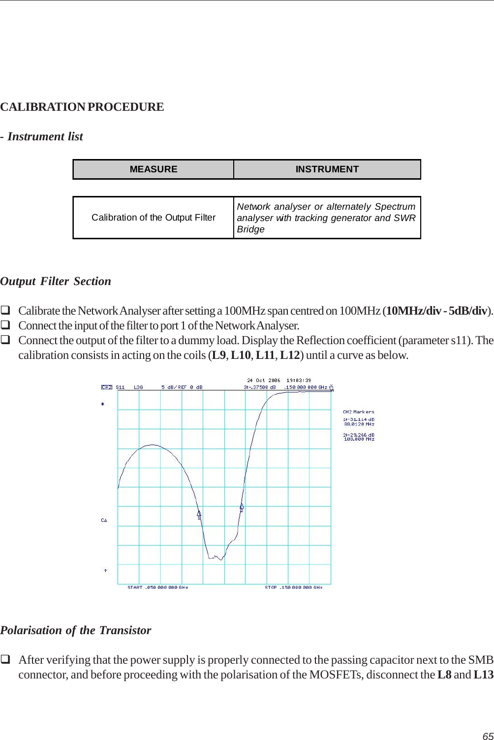 65MEASURE INSTRUMENTCalibration of the Output Filter Network analyser or alternately Spectrumanalyser with tracking generator and SWRBridgeCALIBRATION PROCEDURE- Instrument listOutput Filter SectionCalibrate the Network Analyser after setting a 100MHz span centred on 100MHz (10MHz/div - 5dB/div).Connect the input of the filter to port 1 of the Network Analyser.Connect the output of the filter to a dummy load. Display the Reflection coefficient (parameter s11). Thecalibration consists in acting on the coils (L9, L10, L11, L12) until a curve as below.Polarisation of the TransistorAfter verifying that the power supply is properly connected to the passing capacitor next to the SMBconnector, and before proceeding with the polarisation of the MOSFETs, disconnect the L8 and L13