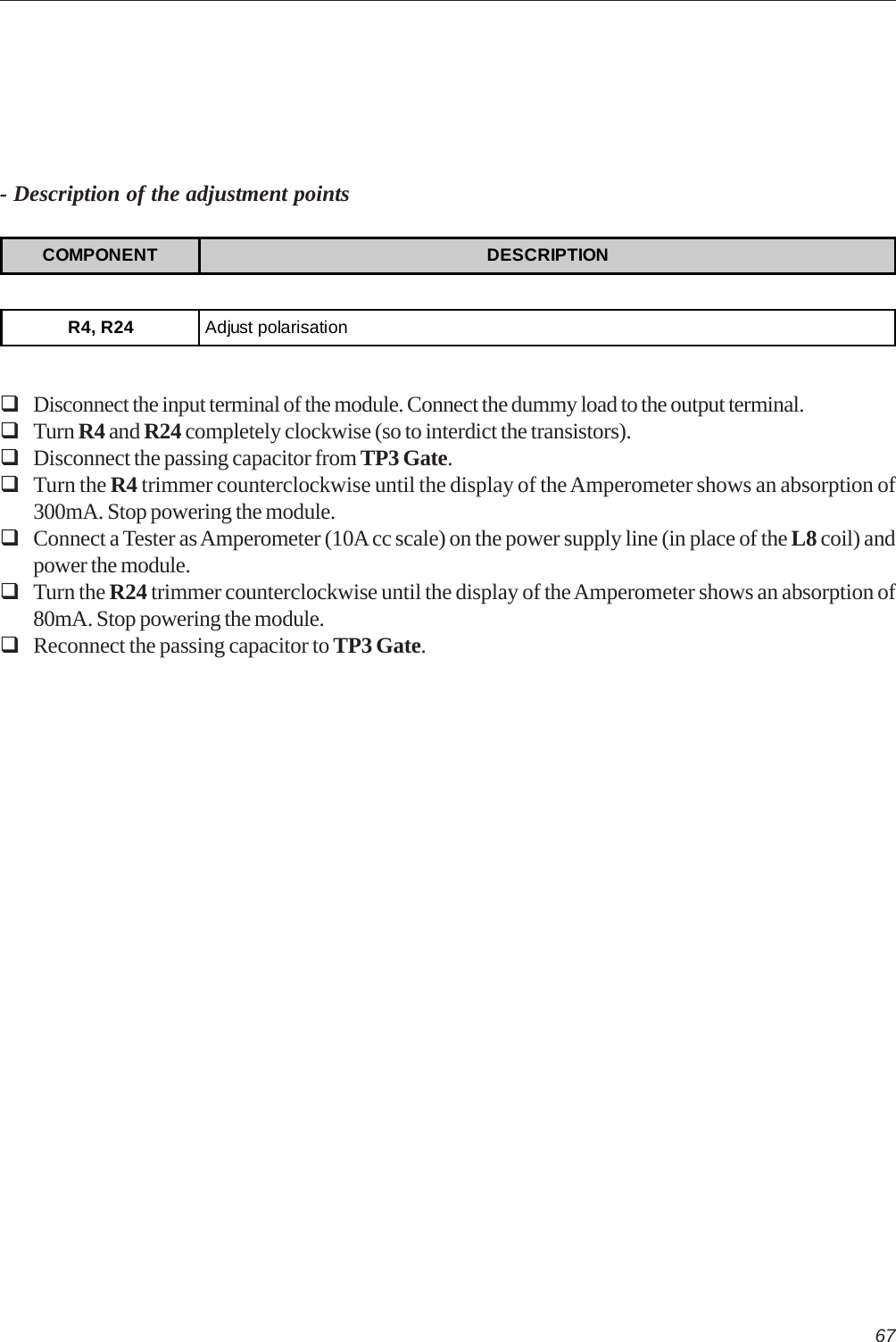 67- Description of the adjustment pointsDisconnect the input terminal of the module. Connect the dummy load to the output terminal.Turn R4 and R24 completely clockwise (so to interdict the transistors).Disconnect the passing capacitor from TP3 Gate.Turn the R4 trimmer counterclockwise until the display of the Amperometer shows an absorption of300mA. Stop powering the module.Connect a Tester as Amperometer (10A cc scale) on the power supply line (in place of the L8 coil) andpower the module.Turn the R24 trimmer counterclockwise until the display of the Amperometer shows an absorption of80mA. Stop powering the module.Reconnect the passing capacitor to TP3 Gate.COMPONENT DESCRIPTIONR4, R24 Adjust polarisation
