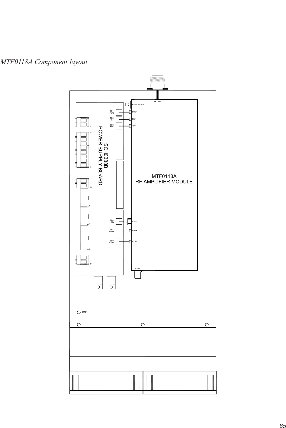 85MTF0118A Component layoutSCH0388BJ1J2+5VREFRF MONITORFWDMTF0118ARF OUTGNDRF AMPLIFIER MODULEJ5GATETP7+28VTP4CTRLTP8J9J8J7J6RF INCTRLGATE+28VFWDTP1TP3+5VREFTP2POWER SUPPLY BOARDJ4