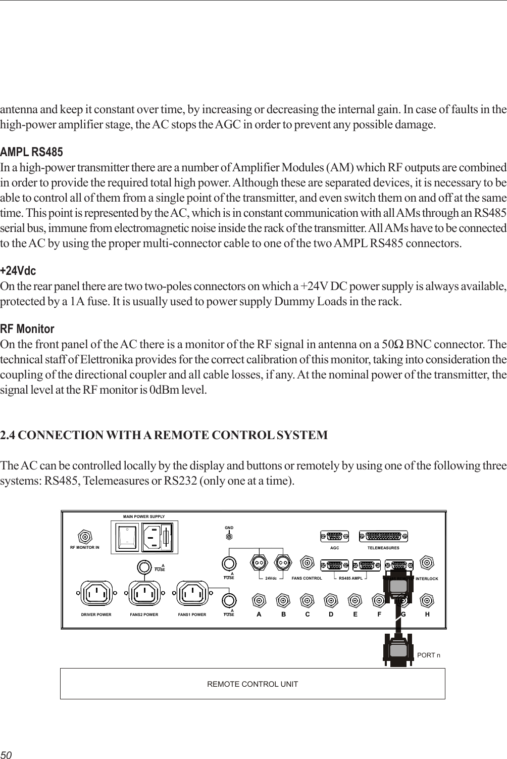 50antenna and keep it constant over time, by increasing or decreasing the internal gain. In case of faults in thehigh-power amplifier stage, the AC stops the AGC in order to prevent any possible damage.AMPL RS485In a high-power transmitter there are a number of Amplifier Modules (AM) which RF outputs are combinedin order to provide the required total high power. Although these are separated devices, it is necessary to beable to control all of them from a single point of the transmitter, and even switch them on and off at the sametime. This point is represented by the AC, which is in constant communication with all AMs through an RS485serial bus, immune from electromagnetic noise inside the rack of the transmitter. All AMs have to be connectedto the AC by using the proper multi-connector cable to one of the two AMPL RS485 connectors.+24VdcOn the rear panel there are two two-poles connectors on which a +24V DC power supply is always available,protected by a 1A fuse. It is usually used to power supply Dummy Loads in the rack.RF MonitorOn the front panel of the AC there is a monitor of the RF signal in antenna on a 50Ω BNC connector. Thetechnical staff of Elettronika provides for the correct calibration of this monitor, taking into consideration thecoupling of the directional coupler and all cable losses, if any. At the nominal power of the transmitter, thesignal level at the RF monitor is 0dBm level.2.4 CONNECTION WITH A REMOTE CONTROL SYSTEMThe AC can be controlled locally by the display and buttons or remotely by using one of the following threesystems: RS485, Telemeasures or RS232 (only one at a time).REMOTE CONTROL UNITPORT n21RS485 AMPL INTERLOCKRS485 REMOTEGNDABCDEFGHAGC TELEMEASURESFANS CONTROL24Vdc  AFUSEFANS1 POWERFANS2 POWERDRIVER POWERMAIN POWER SUPPLYRF MONITOR INFUSE  A  AFUSE21