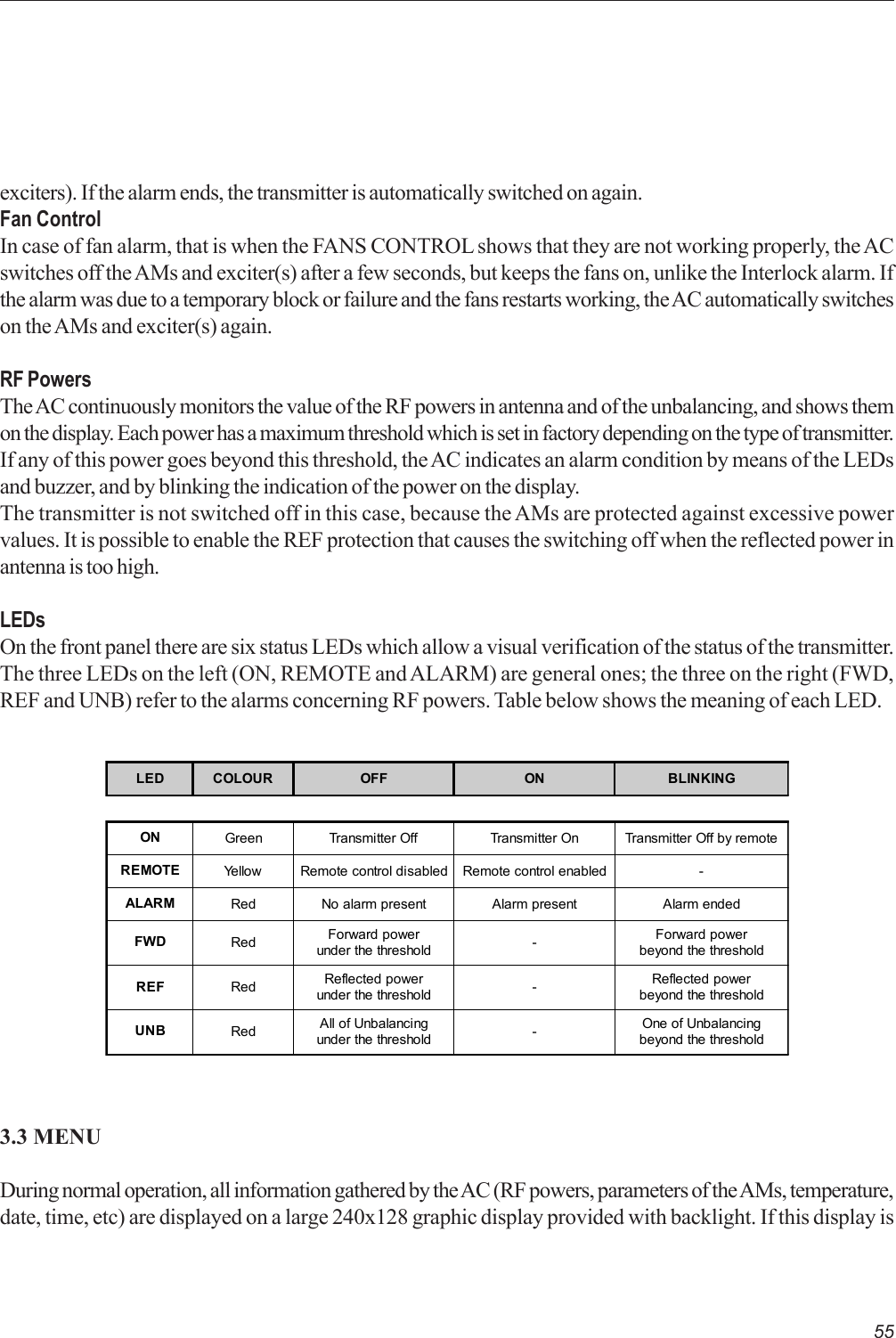 55exciters). If the alarm ends, the transmitter is automatically switched on again.Fan ControlIn case of fan alarm, that is when the FANS CONTROL shows that they are not working properly, the ACswitches off the AMs and exciter(s) after a few seconds, but keeps the fans on, unlike the Interlock alarm. Ifthe alarm was due to a temporary block or failure and the fans restarts working, the AC automatically switcheson the AMs and exciter(s) again.RF PowersThe AC continuously monitors the value of the RF powers in antenna and of the unbalancing, and shows themon the display. Each power has a maximum threshold which is set in factory depending on the type of transmitter.If any of this power goes beyond this threshold, the AC indicates an alarm condition by means of the LEDsand buzzer, and by blinking the indication of the power on the display.The transmitter is not switched off in this case, because the AMs are protected against excessive powervalues. It is possible to enable the REF protection that causes the switching off when the reflected power inantenna is too high.LEDsOn the front panel there are six status LEDs which allow a visual verification of the status of the transmitter.The three LEDs on the left (ON, REMOTE and ALARM) are general ones; the three on the right (FWD,REF and UNB) refer to the alarms concerning RF powers. Table below shows the meaning of each LED.LED COLOUR OFF ON BLINKINGON Green Transmitter Off Transmitter On Transmitter Off by remoteREMOTE Yellow Remote control disabled Remote control enabled -ALARM Red No alarm present Alarm present Alarm endedFWD Red Forward powerunder the threshold -Forward powerbeyond the thresholdREF Red Reflected powerunder the threshold -Reflected powerbeyond the thresholdUNB Red All of Unbalancingunder the threshold -One of Unbalancingbeyond the threshold3.3 MENUDuring normal operation, all information gathered by the AC (RF powers, parameters of the AMs, temperature,date, time, etc) are displayed on a large 240x128 graphic display provided with backlight. If this display is