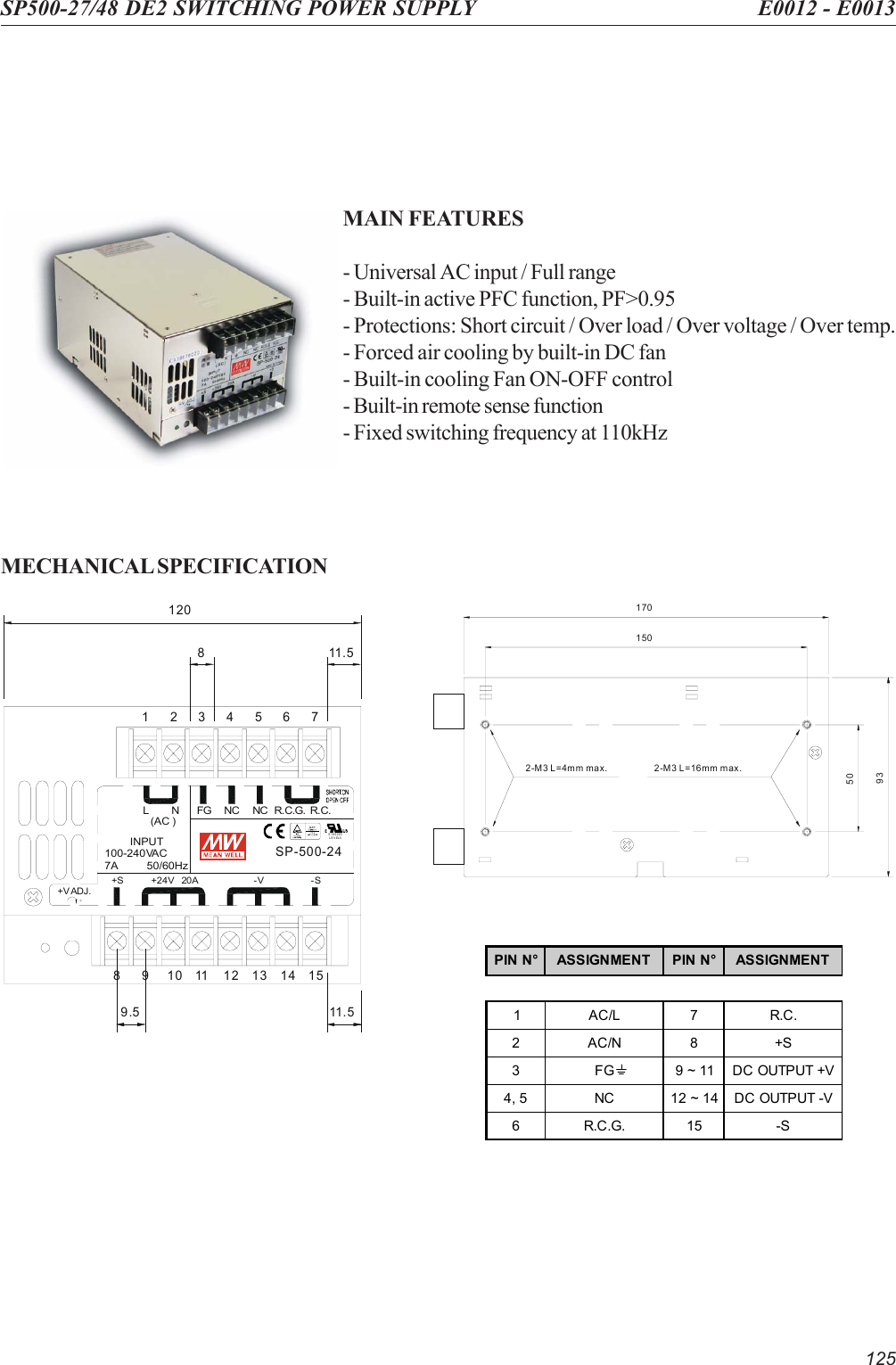 125SP500-27/48 DE2 SWITCHING POWER SUPPLY E0012 - E0013MAIN FEATURES- Universal AC input / Full range- Built-in active PFC function, PF&gt;0.95- Protections: Short circuit / Over load / Over voltage / Over temp.- Forced air cooling by built-in DC fan- Built-in cooling Fan ON-OFF control- Built-in remote sense function- Fixed switching frequency at 110kHzMECHANICAL SPECIFICATION17015050932-M3 L=16mm max.2-M3 L=4mm max.9.5 11 . 5811 . 51201514131211109876543217A 50/60Hz100-240VACINPUT(AC )-S-V+24V   20A+S+VADJ.SP-500-24E183223LEVEL5R.C.G.L N FG NC NC R.C.PIN N° ASSIGNMENT PIN N° ASSIGNMENT1 AC/L 7 R.C.2AC/N8 +S3 FG 9 ~ 11 DC OUTPUT +V4, 5 NC 12 ~ 14 DC OUTPUT -V6R.C.G.15 -S