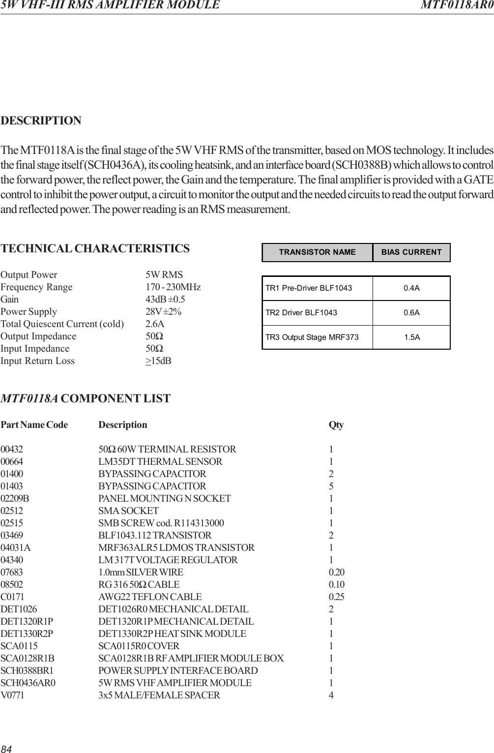 845W VHF-III RMS AMPLIFIER MODULE MTF0118AR0DESCRIPTIONThe MTF0118A is the final stage of the 5W VHF RMS of the transmitter, based on MOS technology. It includesthe final stage itself (SCH0436A), its cooling heatsink, and an interface board (SCH0388B) which allows to controlthe forward power, the reflect power, the Gain and the temperature. The final amplifier is provided with a GATEcontrol to inhibit the power output, a circuit to monitor the output and the needed circuits to read the output forwardand reflected power. The power reading is an RMS measurement.TECHNICAL CHARACTERISTICSOutput Power 5W RMSFrequency Range 170 - 230MHzGain 43dB ±0.5Power Supply 28V ±2%Total Quiescent Current (cold) 2.6AOutput Impedance 50ΩInput Impedance 50ΩInput Return Loss &gt;15dBMTF0118A COMPONENT LISTPart Name Code Description Qty00432 50Ω 60W TERMINAL RESISTOR 100664 LM35DT THERMAL SENSOR 101400 BYPASSING CAPACITOR 201403 BYPASSING CAPACITOR 502209B PANEL MOUNTING N SOCKET 102512 SMA SOCKET 102515 SMB SCREW cod. R114313000 103469 BLF1043.112 TRANSISTOR 204031A MRF363ALR5 LDMOS TRANSISTOR 104340 LM 317T VOLTAGE REGULATOR 107683 1.0mm SILVER WIRE 0.2008502 RG 316 50Ω CABLE 0.10C0171 AWG22 TEFLON CABLE 0.25DET1026 DET1026R0 MECHANICAL DETAIL 2DET1320R1P DET1320R1P MECHANICAL DETAIL 1DET1330R2P DET1330R2P HEAT SINK MODULE 1SCA0115 SCA0115R0 COVER 1SCA0128R1B SCA0128R1B RF AMPLIFIER MODULE BOX 1SCH0388BR1 POWER SUPPLY INTERFACE BOARD 1SCH0436AR0 5W RMS VHF AMPLIFIER MODULE 1V0771 3x5 MALE/FEMALE SPACER 4TRANSISTOR NAME BIAS CURRENTTR1 Pre-Driver BLF1043 0.4ATR2 Driver BLF1043 0.6ATR3 Output Stage MRF373 1.5A