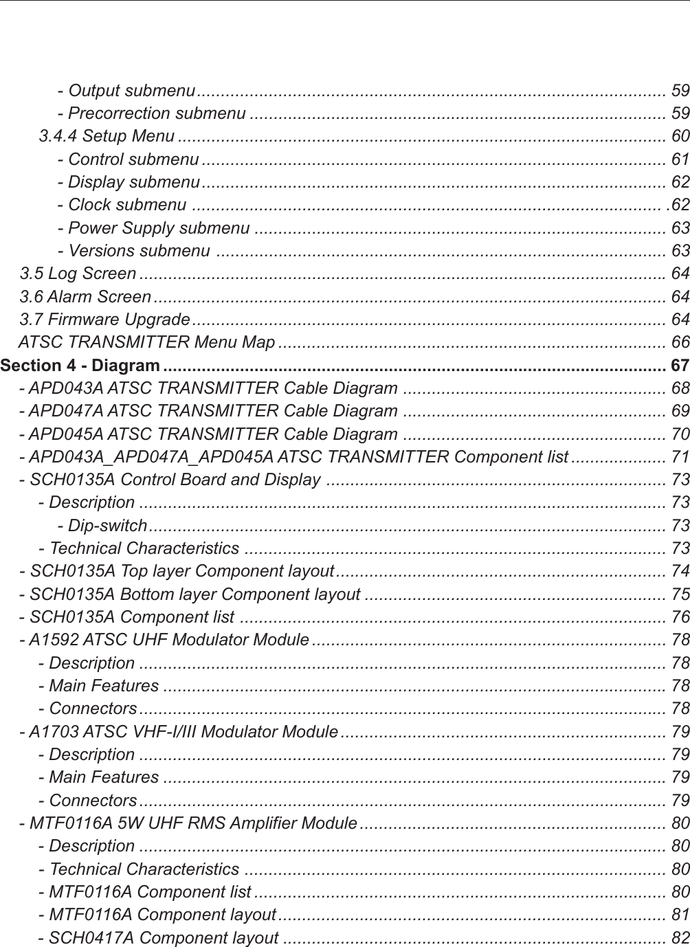             - Output submenu.................................................................................................. 59            - Precorrection submenu ....................................................................................... 59        3.4.4 Setup Menu ...................................................................................................... 60            - Control submenu ................................................................................................. 61            - Display submenu................................................................................................. 62            - Clock submenu .................................................................................................. .62            - Power Supply submenu ...................................................................................... 63            - Versions submenu .............................................................................................. 63    3.5 Log Screen ..............................................................................................................64    3.6 Alarm Screen ........................................................................................................... 64    3.7 Firmware Upgrade................................................................................................... 64    ATSC TRANSMITTER Menu Map ................................................................................. 66Section 4 - Diagram ......................................................................................................... 67    - APD043A ATSC TRANSMITTER Cable Diagram ....................................................... 68    - APD047A ATSC TRANSMITTER Cable Diagram ....................................................... 69    - APD045A ATSC TRANSMITTER Cable Diagram ....................................................... 70    - APD043A_APD047A_APD045A ATSC TRANSMITTER Component list .................... 71    - SCH0135A Control Board and Display ....................................................................... 73        - Description .............................................................................................................. 73            - Dip-switch............................................................................................................ 73        - Technical Characteristics ........................................................................................ 73    - SCH0135A Top layer Component layout..................................................................... 74    - SCH0135A Bottom layer Component layout ............................................................... 75    - SCH0135A Component list ......................................................................................... 76    - A1592 ATSC UHF Modulator Module .......................................................................... 78        - Description .............................................................................................................. 78        - Main Features .........................................................................................................78        - Connectors .............................................................................................................. 78    - A1703 ATSC VHF-I/III Modulator Module .................................................................... 79        - Description .............................................................................................................. 79        - Main Features .........................................................................................................79        - Connectors .............................................................................................................. 79    - MTF0116A 5W UHF RMS Amplifier Module ................................................................ 80        - Description .............................................................................................................. 80        - Technical Characteristics ........................................................................................ 80        - MTF0116A Component list ...................................................................................... 80        - MTF0116A Component layout ................................................................................. 81        - SCH0417A Component layout ................................................................................ 82
