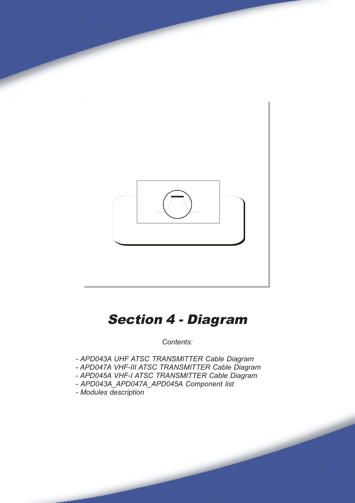 67Section 4 - DiagramContents:- APD043A UHF ATSC TRANSMITTER Cable Diagram- APD047A VHF-III ATSC TRANSMITTER Cable Diagram- APD045A VHF-I ATSC TRANSMITTER Cable Diagram- APD043A_APD047A_APD045A Component list- Modules description