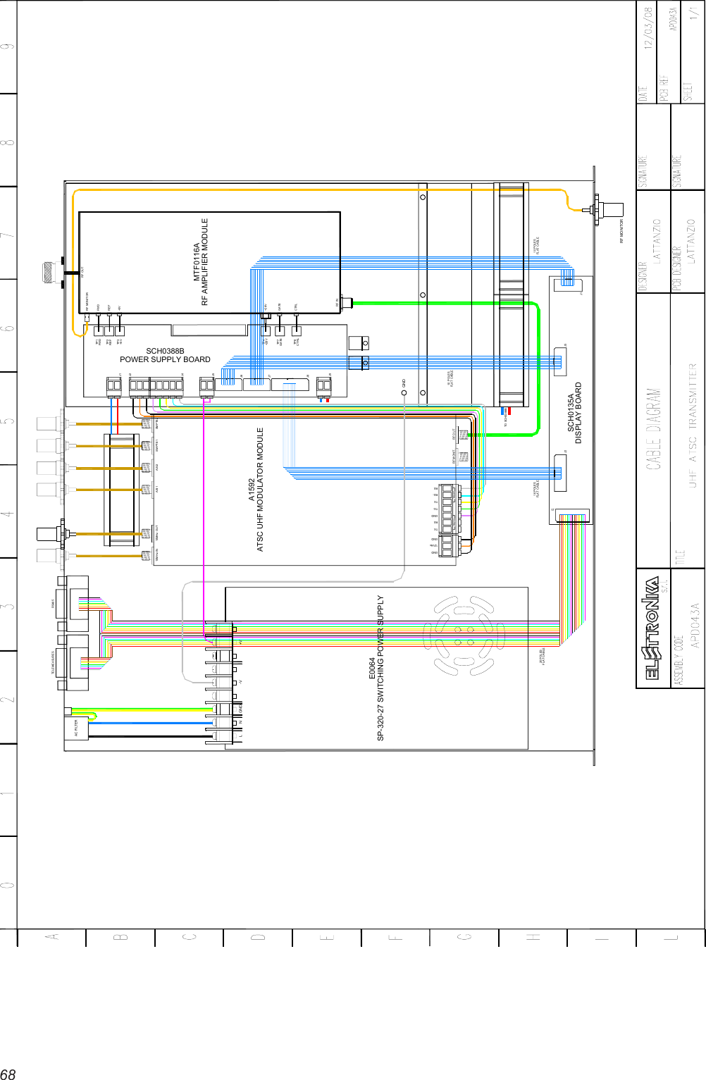 68CTRLTP8TP7GATE+28VTP4TP3+5VREFTP2FWDTP1SP-320-27 SWITCHING POWER SUPPLY20 POLESFLAT CABLEE0064GNDGND12VdcDISPLAY BOARD16 POLESFLAT CABLEJ3J2SCH0135AJ5RF OUTRXTXRX-RXGNDTX-TXRS232 RS485 RF MONIT.TO SCH0388B10 POLESFLAT CABLEGNDAC FILTERL10MHz OUTATSC UHF MODULATOR MODULENGND -V +VTELEMEASURES10MHz INRS485POWER SUPPLY BOARDSCH0388BA1592J9J8J7J6J5J4ASI1 ASI2 SMPTE1 SMPTE2J1J210 POLESFLAT CABLEJ1RF MONITORMTF0116ARF AMPLIFIER MODULERF INCTRLGATE+28VRF MONITOR+5VREFFWDRF OUT