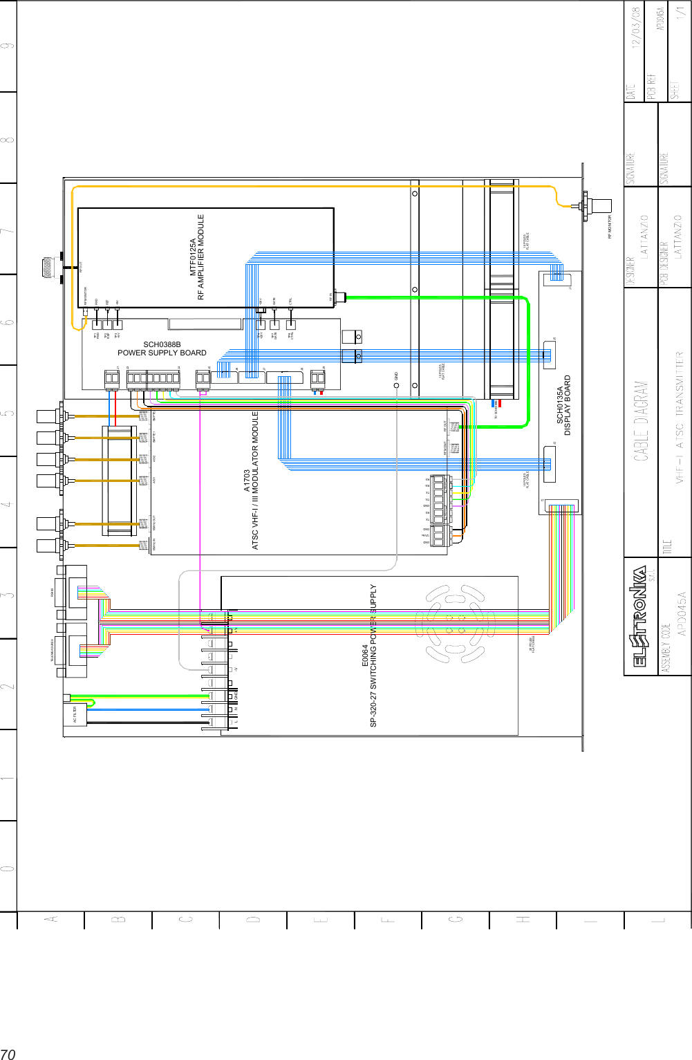 70AC FILTERTELEMEASURESGNDNL +V-VSMPTE2SMPTE1ASI2ASI1SCH0388BPOWER SUPPLY BOARD10MHz IN 10MHz OUTRS485FWDTP1J1TP2REF+5VTP3J2ATSC VHF-I / III MODULATOR MODULEA1703J4J5J6TP4+28VRF MONITORFWDRF OUTREF+5VRF AMPLIFIER MODULEMTF0125A+28VSP-320-27 SWITCHING POWER SUPPLYE0064TP8J7GATETP7J8CTRLJ9TXTX-GNDRXRX-TXRX12VdcGNDGNDRS232 RS485GNDRF OUTRF MONIT.10 POLESFLAT CABLEFLAT CABLE20 POLESFLAT CABLE16 POLESJ3TO SCH0388BSCH0135ADISPLAY BOARDJ2 J5CTRLGATERF INFLAT CABLE10 POLESJ1RF MONITOR