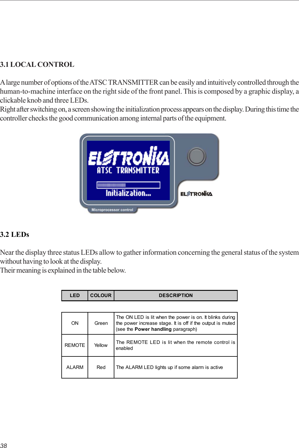 383.1 LOCAL CONTROLA large number of options of the ATSC TRANSMITTER can be easily and intuitively controlled through thehuman-to-machine interface on the right side of the front panel. This is composed by a graphic display, aclickable knob and three LEDs.Right after switching on, a screen showing the initialization process appears on the display. During this time thecontroller checks the good communication among internal parts of the equipment.3.2 LEDsNear the display three status LEDs allow to gather information concerning the general status of the systemwithout having to look at the display.Their meaning is explained in the table below.LED COLOUR DESCRIPTIONON GreenThe ON LED is lit when the power is on. It blinks duringthe power increase stage. It is off if the output is muted(see the Power handling paragraph)REMOTE Yellow The REMOTE LED is lit when the remote control isenabledALARM Red The ALARM LED lights up if some alarm is active