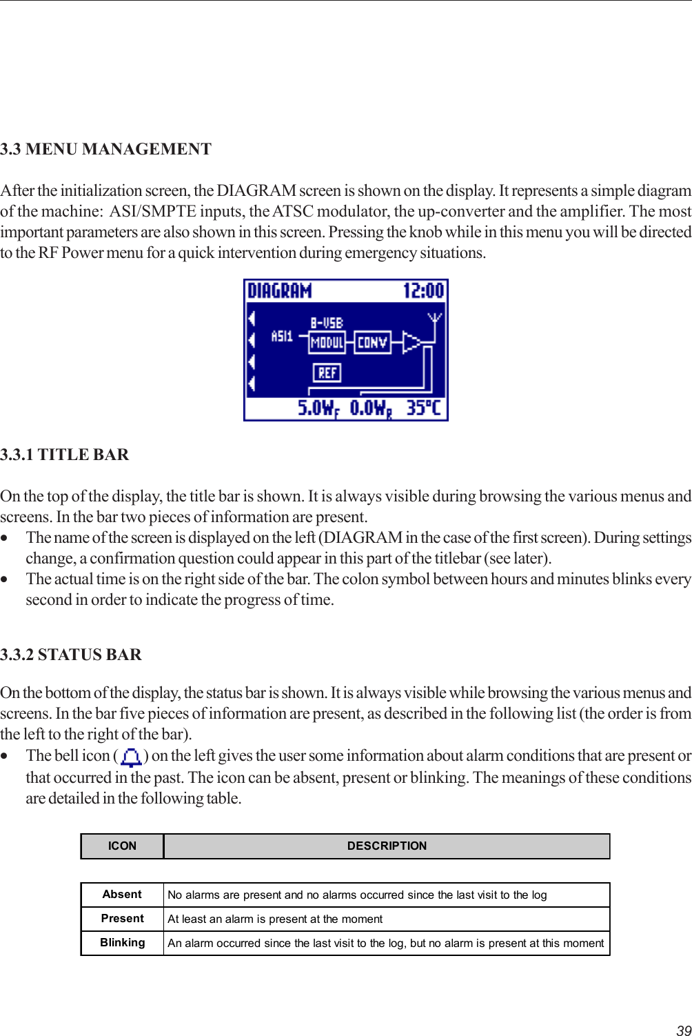 393.3.1 TITLE BAROn the top of the display, the title bar is shown. It is always visible during browsing the various menus andscreens. In the bar two pieces of information are present.•The name of the screen is displayed on the left (DIAGRAM in the case of the first screen). During settingschange, a confirmation question could appear in this part of the titlebar (see later).•The actual time is on the right side of the bar. The colon symbol between hours and minutes blinks everysecond in order to indicate the progress of time.3.3.2 STATUS BAROn the bottom of the display, the status bar is shown. It is always visible while browsing the various menus andscreens. In the bar five pieces of information are present, as described in the following list (the order is fromthe left to the right of the bar).•The bell icon (   ) on the left gives the user some information about alarm conditions that are present orthat occurred in the past. The icon can be absent, present or blinking. The meanings of these conditionsare detailed in the following table.ICON DESCRIPTIONAbsent No alarms are present and no alarms occurred since the last visit to the logPresent At least an alarm is present at the momentBlinking An alarm occurred since the last visit to the log, but no alarm is present at this moment3.3 MENU MANAGEMENTAfter the initialization screen, the DIAGRAM screen is shown on the display. It represents a simple diagramof the machine:  ASI/SMPTE inputs, the ATSC modulator, the up-converter and the amplifier. The mostimportant parameters are also shown in this screen. Pressing the knob while in this menu you will be directedto the RF Power menu for a quick intervention during emergency situations.