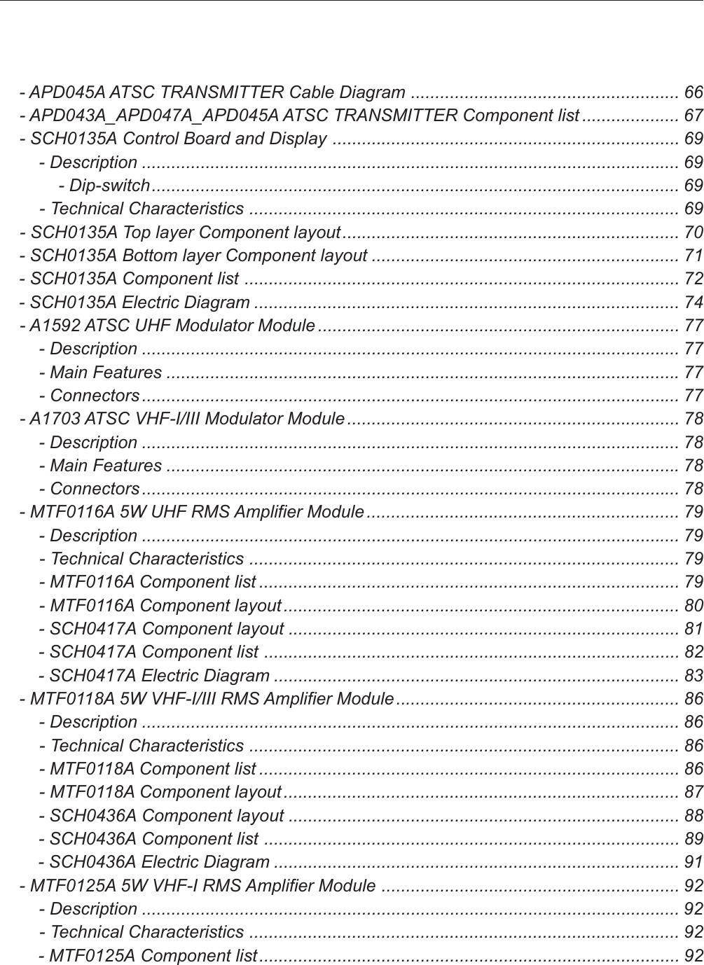     - APD045A ATSC TRANSMITTER Cable Diagram ....................................................... 66    - APD043A_APD047A_APD045A ATSC TRANSMITTER Component list .................... 67    - SCH0135A Control Board and Display ....................................................................... 69        - Description .............................................................................................................. 69            - Dip-switch............................................................................................................ 69        - Technical Characteristics ........................................................................................ 69    - SCH0135A Top layer Component layout..................................................................... 70    - SCH0135A Bottom layer Component layout ............................................................... 71    - SCH0135A Component list ......................................................................................... 72    - SCH0135A Electric Diagram ....................................................................................... 74    - A1592 ATSC UHF Modulator Module .......................................................................... 77        - Description .............................................................................................................. 77        - Main Features .........................................................................................................77        - Connectors .............................................................................................................. 77    - A1703 ATSC VHF-I/III Modulator Module .................................................................... 78        - Description .............................................................................................................. 78        - Main Features .........................................................................................................78        - Connectors .............................................................................................................. 78    - MTF0116A 5W UHF RMS Amplifier Module ................................................................ 79        - Description .............................................................................................................. 79        - Technical Characteristics ........................................................................................ 79        - MTF0116A Component list ...................................................................................... 79        - MTF0116A Component layout ................................................................................. 80        - SCH0417A Component layout ................................................................................ 81        - SCH0417A Component list ..................................................................................... 82        - SCH0417A Electric Diagram ................................................................................... 83    - MTF0118A 5W VHF-I/III RMS Amplifier Module.......................................................... 86        - Description .............................................................................................................. 86        - Technical Characteristics ........................................................................................ 86        - MTF0118A Component list ...................................................................................... 86        - MTF0118A Component layout ................................................................................. 87        - SCH0436A Component layout ................................................................................ 88        - SCH0436A Component list ..................................................................................... 89        - SCH0436A Electric Diagram ................................................................................... 91    - MTF0125A 5W VHF-I RMS Amplifier Module ............................................................. 92        - Description .............................................................................................................. 92        - Technical Characteristics ........................................................................................ 92        - MTF0125A Component list...................................................................................... 92