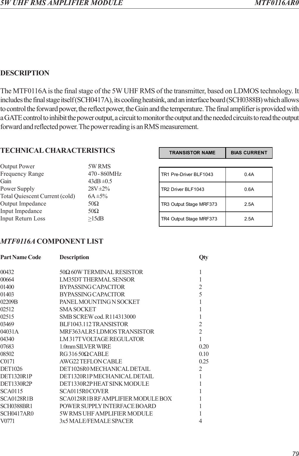 795W UHF RMS AMPLIFIER MODULE MTF0116AR0DESCRIPTIONThe MTF0116A is the final stage of the 5W UHF RMS of the transmitter, based on LDMOS technology. Itincludes the final stage itself (SCH0417A), its cooling heatsink, and an interface board (SCH0388B) which allowsto control the forward power, the reflect power, the Gain and the temperature. The final amplifier is provided witha GATE control to inhibit the power output, a circuit to monitor the output and the needed circuits to read the outputforward and reflected power. The power reading is an RMS measurement.TECHNICAL CHARACTERISTICSOutput Power 5W RMSFrequency Range 470 - 860MHzGain 43dB ±0.5Power Supply 28V ±2%Total Quiescent Current (cold) 6A ±5%Output Impedance 50ΩInput Impedance 50ΩInput Return Loss &gt;15dBMTF0116A COMPONENT LISTPart Name Code Description Qty00432 50Ω 60W TERMINAL RESISTOR 100664 LM35DT THERMAL SENSOR 101400 BYPASSING CAPACITOR 201403 BYPASSING CAPACITOR 502209B PANEL MOUNTING N SOCKET 102512 SMA SOCKET 102515 SMB SCREW cod. R114313000 103469 BLF1043.112 TRANSISTOR 204031A MRF363ALR5 LDMOS TRANSISTOR 204340 LM 317T VOLTAGE REGULATOR 107683 1.0mm SILVER WIRE 0.2008502 RG 316 50Ω CABLE 0.10C0171 AWG22 TEFLON CABLE 0.25DET1026 DET1026R0 MECHANICAL DETAIL 2DET1320R1P DET1320R1P MECHANICAL DETAIL 1DET1330R2P DET1330R2P HEAT SINK MODULE 1SCA0115 SCA0115R0 COVER 1SCA0128R1B SCA0128R1B RF AMPLIFIER MODULE BOX 1SCH0388BR1 POWER SUPPLY INTERFACE BOARD 1SCH0417AR0 5W RMS UHF AMPLIFIER MODULE 1V0771 3x5 MALE/FEMALE SPACER 4TRANSISTOR NAME BIAS CURRENTTR1 Pre-Driver BLF1043 0.4ATR2 Driver BLF1043 0.6ATR3 Output Stage MRF373 2.5ATR4 Output Stage MRF373 2.5A