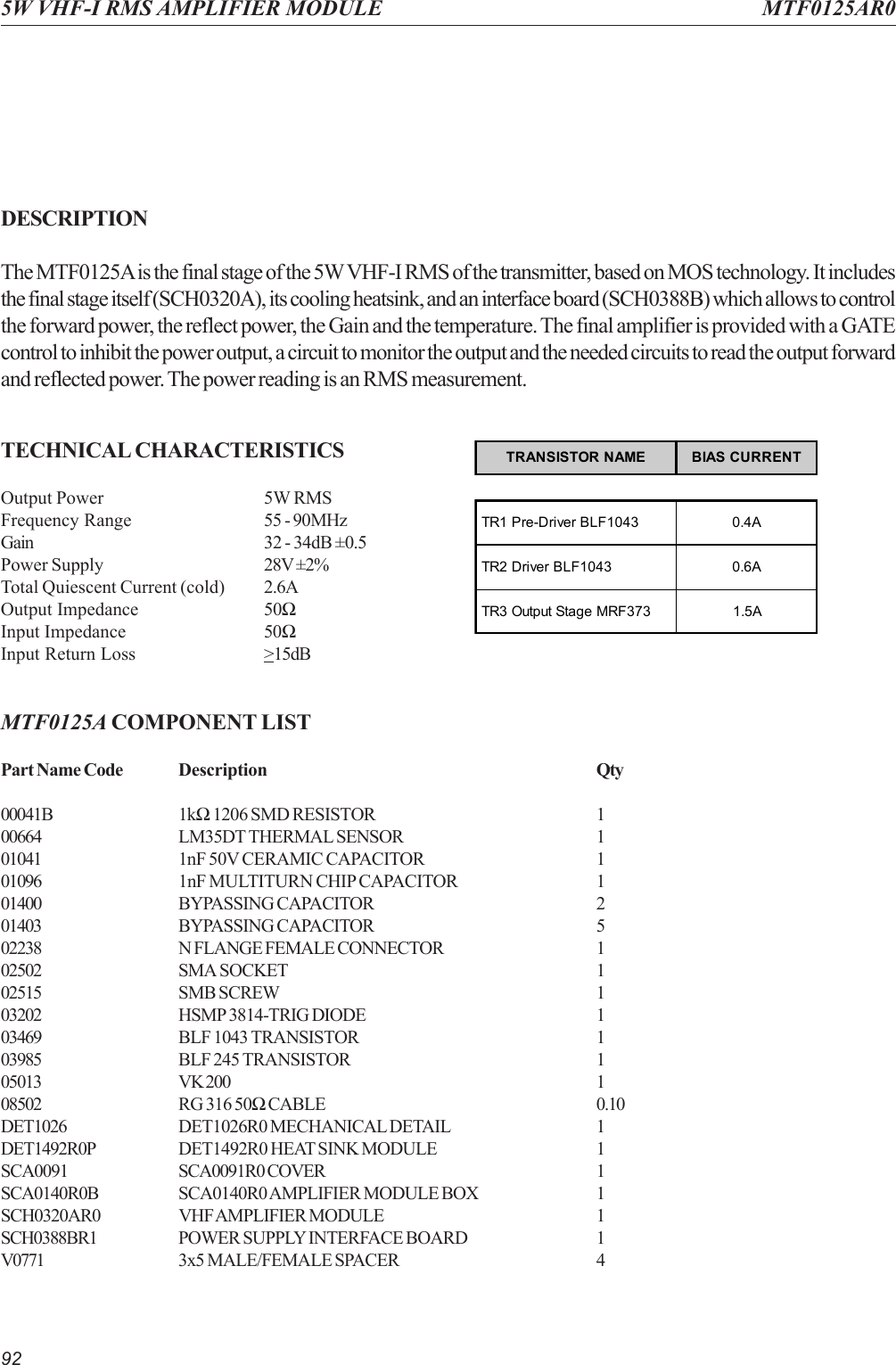 925W VHF-I RMS AMPLIFIER MODULE MTF0125AR0DESCRIPTIONThe MTF0125A is the final stage of the 5W VHF-I RMS of the transmitter, based on MOS technology. It includesthe final stage itself (SCH0320A), its cooling heatsink, and an interface board (SCH0388B) which allows to controlthe forward power, the reflect power, the Gain and the temperature. The final amplifier is provided with a GATEcontrol to inhibit the power output, a circuit to monitor the output and the needed circuits to read the output forwardand reflected power. The power reading is an RMS measurement.TECHNICAL CHARACTERISTICSOutput Power 5W RMSFrequency Range 55 - 90MHzGain 32 - 34dB ±0.5Power Supply 28V ±2%Total Quiescent Current (cold) 2.6AOutput Impedance 50ΩInput Impedance 50ΩInput Return Loss &gt;15dBMTF0125A COMPONENT LISTPart Name Code Description Qty00041B 1kΩ 1206 SMD RESISTOR 100664 LM35DT THERMAL SENSOR 101041 1nF 50V CERAMIC CAPACITOR 101096 1nF MULTITURN CHIP CAPACITOR 101400 BYPASSING CAPACITOR 201403 BYPASSING CAPACITOR 502238 N FLANGE FEMALE CONNECTOR 102502 SMA SOCKET 102515 SMB SCREW 103202 HSMP 3814-TRIG DIODE 103469 BLF 1043 TRANSISTOR 103985 BLF 245 TRANSISTOR 105013 VK 200 108502 RG 316 50Ω CABLE 0.10DET1026 DET1026R0 MECHANICAL DETAIL 1DET1492R0P DET1492R0 HEAT SINK MODULE 1SCA0091 SCA0091R0 COVER 1SCA0140R0B SCA0140R0 AMPLIFIER MODULE BOX 1SCH0320AR0 VHF AMPLIFIER MODULE 1SCH0388BR1 POWER SUPPLY INTERFACE BOARD 1V0771 3x5 MALE/FEMALE SPACER 4TRANSISTOR NAME BIAS CURRENTTR1 Pre-Driver BLF1043 0.4ATR2 Driver BLF1043 0.6ATR3 Output Stage MRF373 1.5A