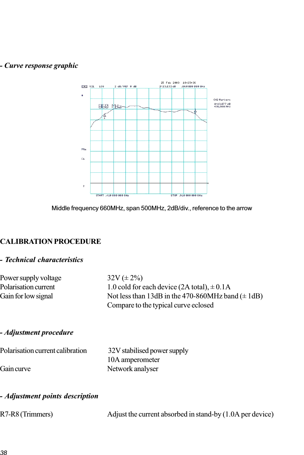 38CALIBRATION PROCEDURE- Technical characteristicsPower supply voltage 32V (± 2%)Polarisation current 1.0 cold for each device (2A total), ± 0.1AGain for low signal Not less than 13dB in the 470-860MHz band (± 1dB)Compare to the typical curve eclosed- Adjustment procedurePolarisation current calibration 32V stabilised power supply10A amperometerGain curve Network analyser- Adjustment points descriptionR7-R8 (Trimmers) Adjust the current absorbed in stand-by (1.0A per device)Middle frequency 660MHz, span 500MHz, 2dB/div., reference to the arrow- Curve response graphic