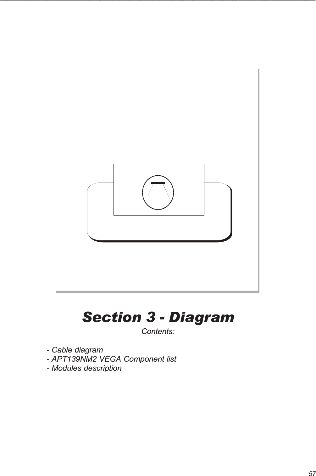 57_______________________________________________________________________________________________Section 3 - DiagramContents:- Cable diagram- APT139NM2 VEGA Component list- Modules description