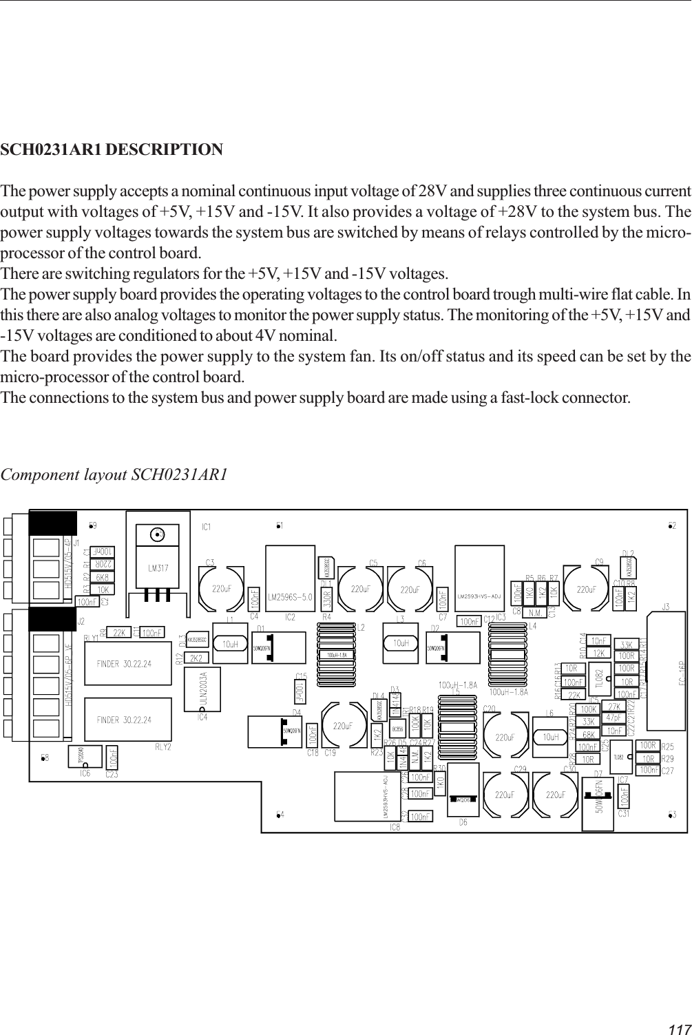 117Component layout SCH0231AR1SCH0231AR1 DESCRIPTIONThe power supply accepts a nominal continuous input voltage of 28V and supplies three continuous currentoutput with voltages of +5V, +15V and -15V. It also provides a voltage of +28V to the system bus. Thepower supply voltages towards the system bus are switched by means of relays controlled by the micro-processor of the control board.There are switching regulators for the +5V, +15V and -15V voltages.The power supply board provides the operating voltages to the control board trough multi-wire flat cable. Inthis there are also analog voltages to monitor the power supply status. The monitoring of the +5V, +15V and-15V voltages are conditioned to about 4V nominal.The board provides the power supply to the system fan. Its on/off status and its speed can be set by themicro-processor of the control board.The connections to the system bus and power supply board are made using a fast-lock connector.