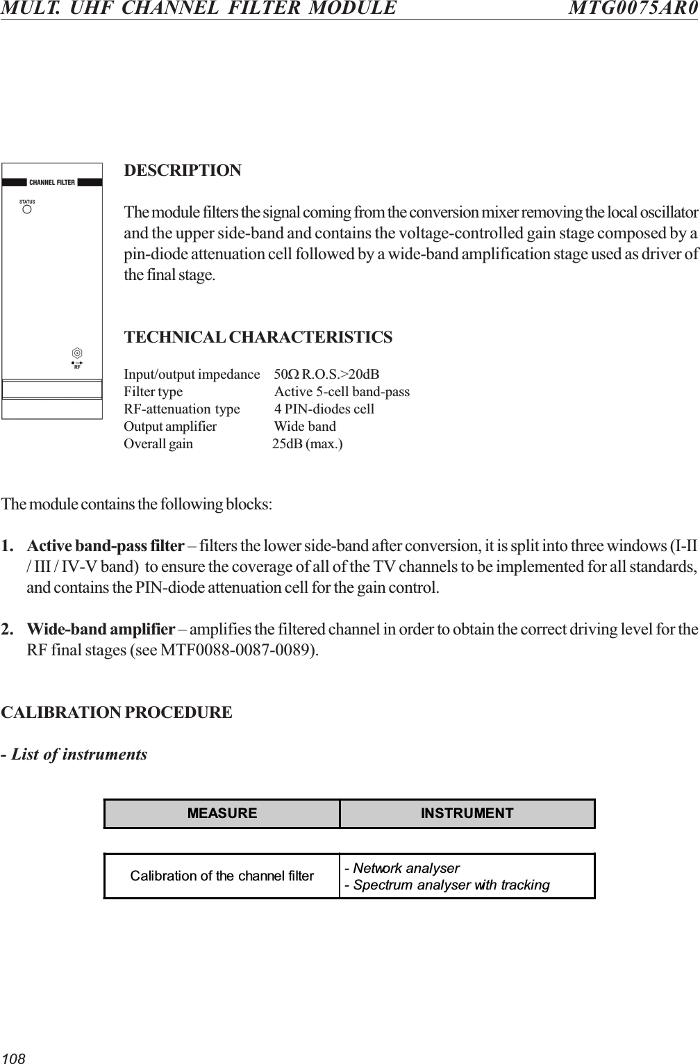 108MULT. UHF CHANNEL FILTER MODULE MTG0075AR0DESCRIPTIONThe module filters the signal coming from the conversion mixer removing the local oscillatorand the upper side-band and contains the voltage-controlled gain stage composed by apin-diode attenuation cell followed by a wide-band amplification stage used as driver ofthe final stage.TECHNICAL CHARACTERISTICSInput/output impedance     50W R.O.S.&gt;20dBFilter type      Active 5-cell band-passRF-attenuation type       4 PIN-diodes cellOutput amplifier      Wide bandOverall gain       25dB (max.)The module contains the following blocks:1. Active band-pass filter  filters the lower side-band after conversion, it is split into three windows (I-II/ III / IV-V band)  to ensure the coverage of all of the TV channels to be implemented for all standards,and contains the PIN-diode attenuation cell for the gain control.2. Wide-band amplifier  amplifies the filtered channel in order to obtain the correct driving level for theRF final stages (see MTF0088-0087-0089).CALIBRATION PROCEDURE- List of instrumentsMEASURE INSTRUMENTCalibration of the channel filter - Network analyser- Spectrum analyser with tracking