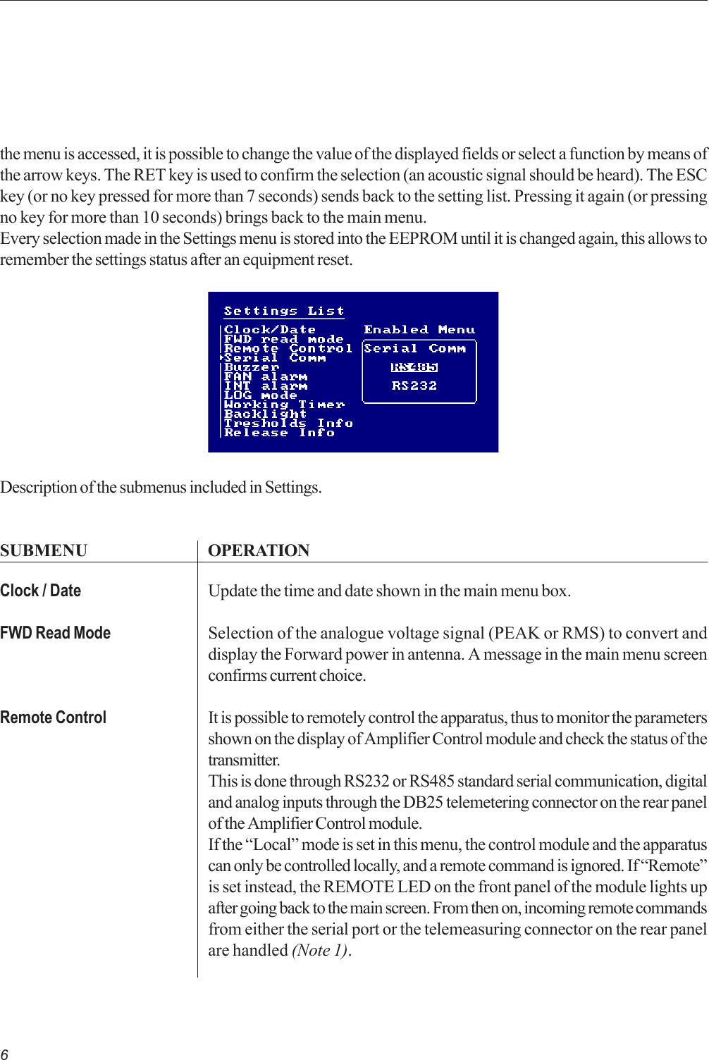 6Description of the submenus included in Settings.SUBMENU OPERATIONUpdate the time and date shown in the main menu box.Selection of the analogue voltage signal (PEAK or RMS) to convert anddisplay the Forward power in antenna. A message in the main menu screenconfirms current choice.It is possible to remotely control the apparatus, thus to monitor the parametersshown on the display of Amplifier Control module and check the status of thetransmitter.This is done through RS232 or RS485 standard serial communication, digitaland analog inputs through the DB25 telemetering connector on the rear panelof the Amplifier Control module.If the “Local” mode is set in this menu, the control module and the apparatuscan only be controlled locally, and a remote command is ignored. If “Remote”is set instead, the REMOTE LED on the front panel of the module lights upafter going back to the main screen. From then on, incoming remote commandsfrom either the serial port or the telemeasuring connector on the rear panelare handled (Note 1).Clock / DateFWD Read ModeRemote Controlthe menu is accessed, it is possible to change the value of the displayed fields or select a function by means ofthe arrow keys. The RET key is used to confirm the selection (an acoustic signal should be heard). The ESCkey (or no key pressed for more than 7 seconds) sends back to the setting list. Pressing it again (or pressingno key for more than 10 seconds) brings back to the main menu.Every selection made in the Settings menu is stored into the EEPROM until it is changed again, this allows toremember the settings status after an equipment reset.