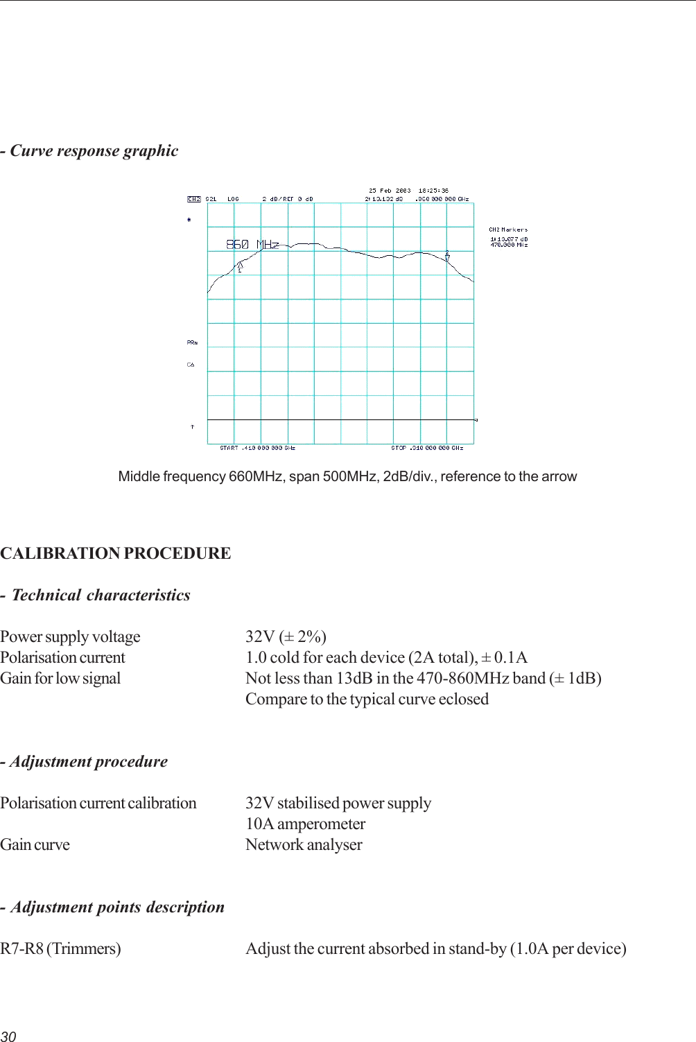 30CALIBRATION PROCEDURE- Technical characteristicsPower supply voltage 32V (± 2%)Polarisation current 1.0 cold for each device (2A total), ± 0.1AGain for low signal Not less than 13dB in the 470-860MHz band (± 1dB)Compare to the typical curve eclosed- Adjustment procedurePolarisation current calibration 32V stabilised power supply10A amperometerGain curve Network analyser- Adjustment points descriptionR7-R8 (Trimmers) Adjust the current absorbed in stand-by (1.0A per device)Middle frequency 660MHz, span 500MHz, 2dB/div., reference to the arrow- Curve response graphic