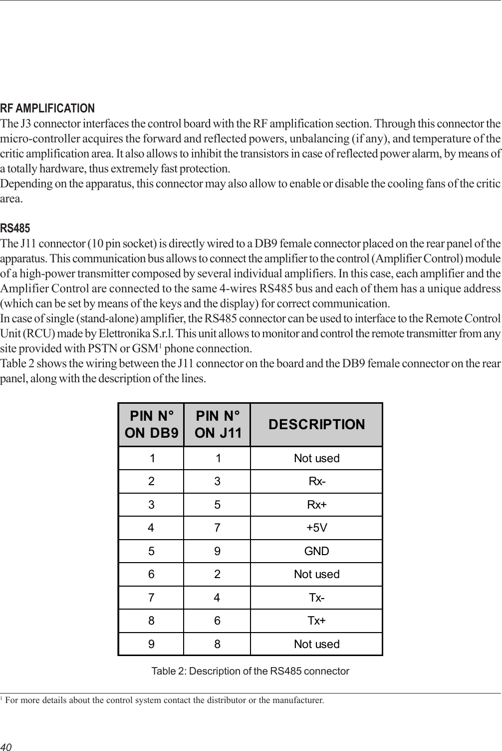 40RF AMPLIFICATIONThe J3 connector interfaces the control board with the RF amplification section. Through this connector themicro-controller acquires the forward and reflected powers, unbalancing (if any), and temperature of thecritic amplification area. It also allows to inhibit the transistors in case of reflected power alarm, by means ofa totally hardware, thus extremely fast protection.Depending on the apparatus, this connector may also allow to enable or disable the cooling fans of the criticarea.RS485The J11 connector (10 pin socket) is directly wired to a DB9 female connector placed on the rear panel of theapparatus. This communication bus allows to connect the amplifier to the control (Amplifier Control) moduleof a high-power transmitter composed by several individual amplifiers. In this case, each amplifier and theAmplifier Control are connected to the same 4-wires RS485 bus and each of them has a unique address(which can be set by means of the keys and the display) for correct communication.In case of single (stand-alone) amplifier, the RS485 connector can be used to interface to the Remote ControlUnit (RCU) made by Elettronika S.r.l. This unit allows to monitor and control the remote transmitter from anysite provided with PSTN or GSM1 phone connection.Table 2 shows the wiring between the J11 connector on the board and the DB9 female connector on the rearpanel, along with the description of the lines.1 For more details about the control system contact the distributor or the manufacturer.PIN N°ON DB9PIN N°ON J11 DESCRIPTION11 Not used23 Rx-35 Rx+47 +5V59 GND62 Not used74 Tx-86 Tx+98 Not usedTable 2: Description of the RS485 connector