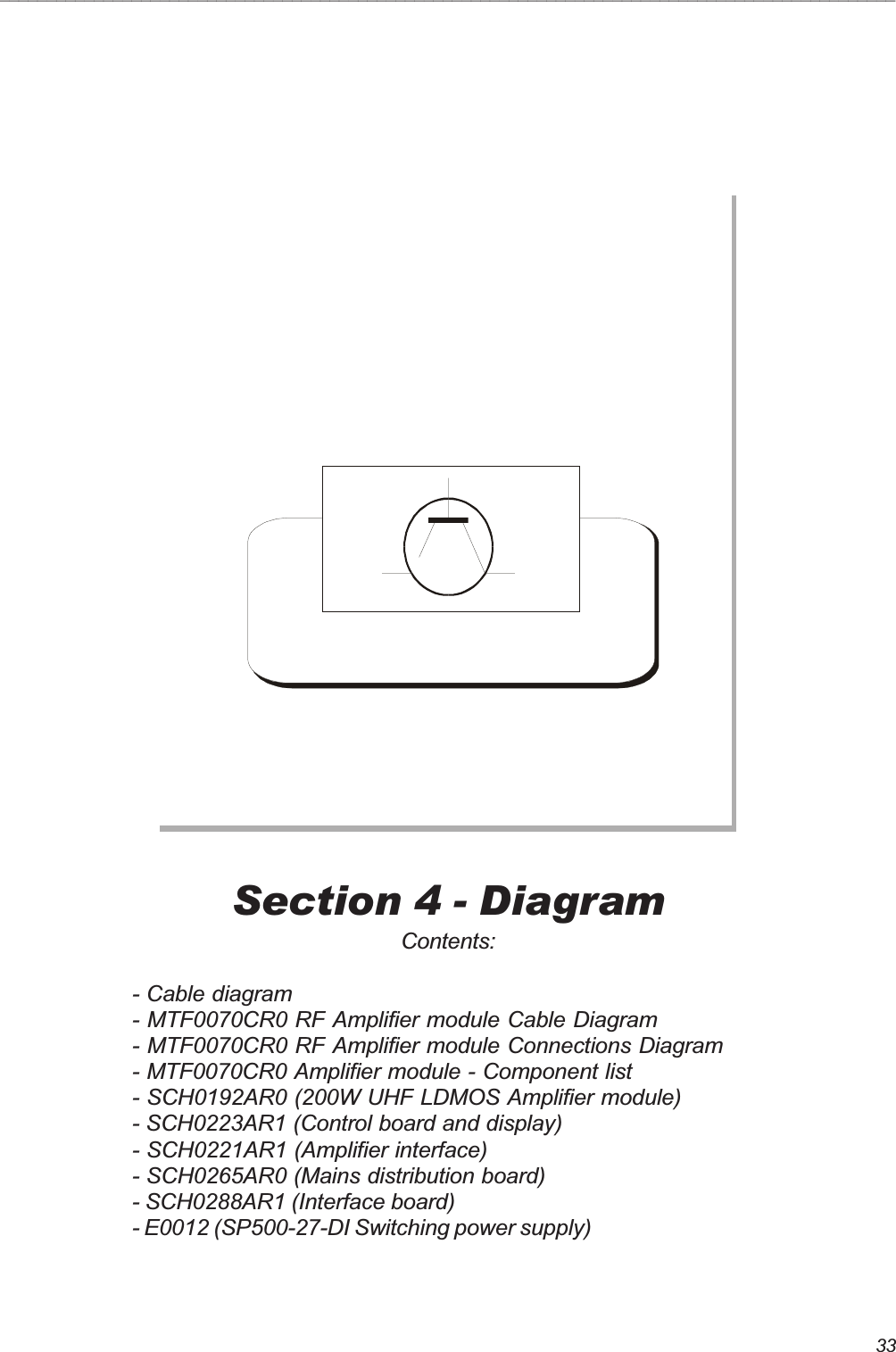 33_______________________________________________________________________________________________Section 4 - DiagramContents:- Cable diagram- MTF0070CR0 RF Amplifier module Cable Diagram- MTF0070CR0 RF Amplifier module Connections Diagram- MTF0070CR0 Amplifier module - Component list- SCH0192AR0 (200W UHF LDMOS Amplifier module)- SCH0223AR1 (Control board and display)- SCH0221AR1 (Amplifier interface)- SCH0265AR0 (Mains distribution board)- SCH0288AR1 (Interface board)- E0012 (SP500-27-DI Switching power supply)