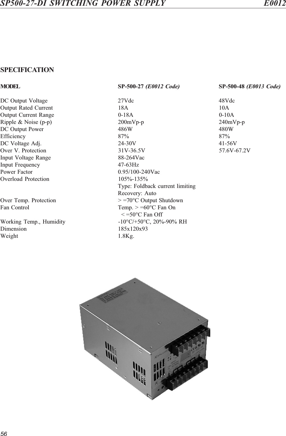 56SPECIFICATIONMODEL SP-500-27 (E0012 Code) SP-500-48 (E0013 Code)DC Output Voltage 27Vdc 48VdcOutput Rated Current 18A 10AOutput Current Range 0-18A 0-10ARipple &amp; Noise (p-p) 200mVp-p 240mVp-pDC Output Power 486W 480WEfficiency 87% 87%DC Voltage Adj. 24-30V 41-56VOver V. Protection 31V-36.5V 57.6V-67.2VInput Voltage Range 88-264VacInput Frequency 47-63HzPower Factor 0.95/100-240VacOverload Protection 105%-135%Type: Foldback current limitingRecovery: AutoOver Temp. Protection &gt; =70°C Output ShutdownFan Control Temp. &gt; =60°C Fan On  &lt; =50°C Fan OffWorking Temp., Humidity -10°C/+50°C, 20%-90% RHDimension 185x120x93Weight 1.8Kg.SP500-27-DI SWITCHING POWER SUPPLY   E0012