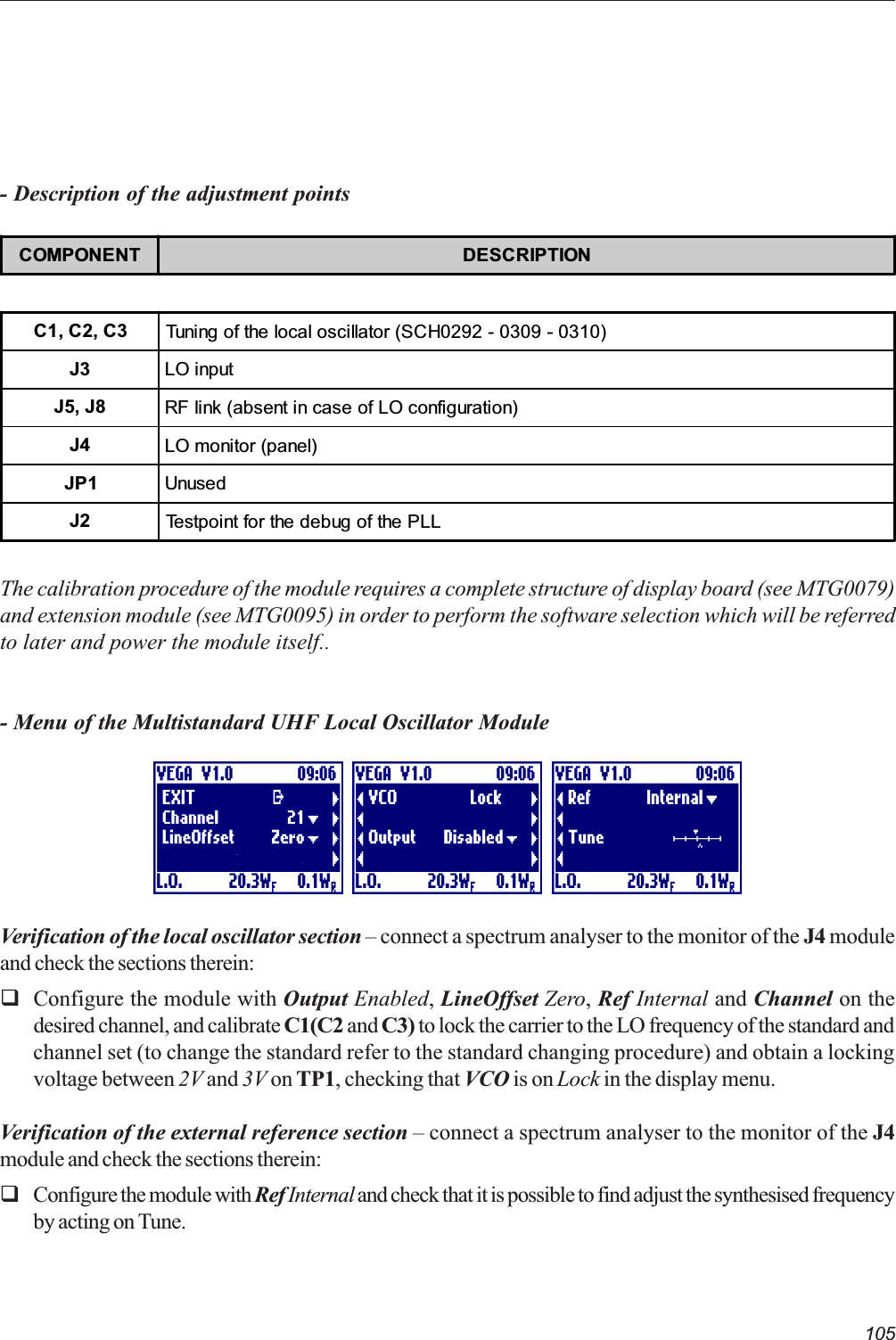 105The calibration procedure of the module requires a complete structure of display board (see MTG0079)and extension module (see MTG0095) in order to perform the software selection which will be referredto later and power the module itself..- Menu of the Multistandard UHF Local Oscillator ModuleVerification of the local oscillator section  connect a spectrum analyser to the monitor of the J4 moduleand check the sections therein:qConfigure the module with Output Enabled, LineOffset Zero, Ref Internal and Channel on thedesired channel, and calibrate C1(C2 and C3) to lock the carrier to the LO frequency of the standard andchannel set (to change the standard refer to the standard changing procedure) and obtain a lockingvoltage between 2V and 3V on TP1, checking that VCO is on Lock in the display menu.Verification of the external reference section  connect a spectrum analyser to the monitor of the J4module and check the sections therein:qConfigure the module with Ref Internal and check that it is possible to find adjust the synthesised frequencyby acting on Tune.- Description of the adjustment pointsCOMPONENT DESCRIPTIONC1, C2, C3 Tuning of the local oscillator (SCH0292 - 0309 - 0310)J3 LO inputJ5, J8 RF link (absent in case of LO configuration)J4 LO monitor (panel)JP1 UnusedJ2 Testpoint for the debug of the PLL